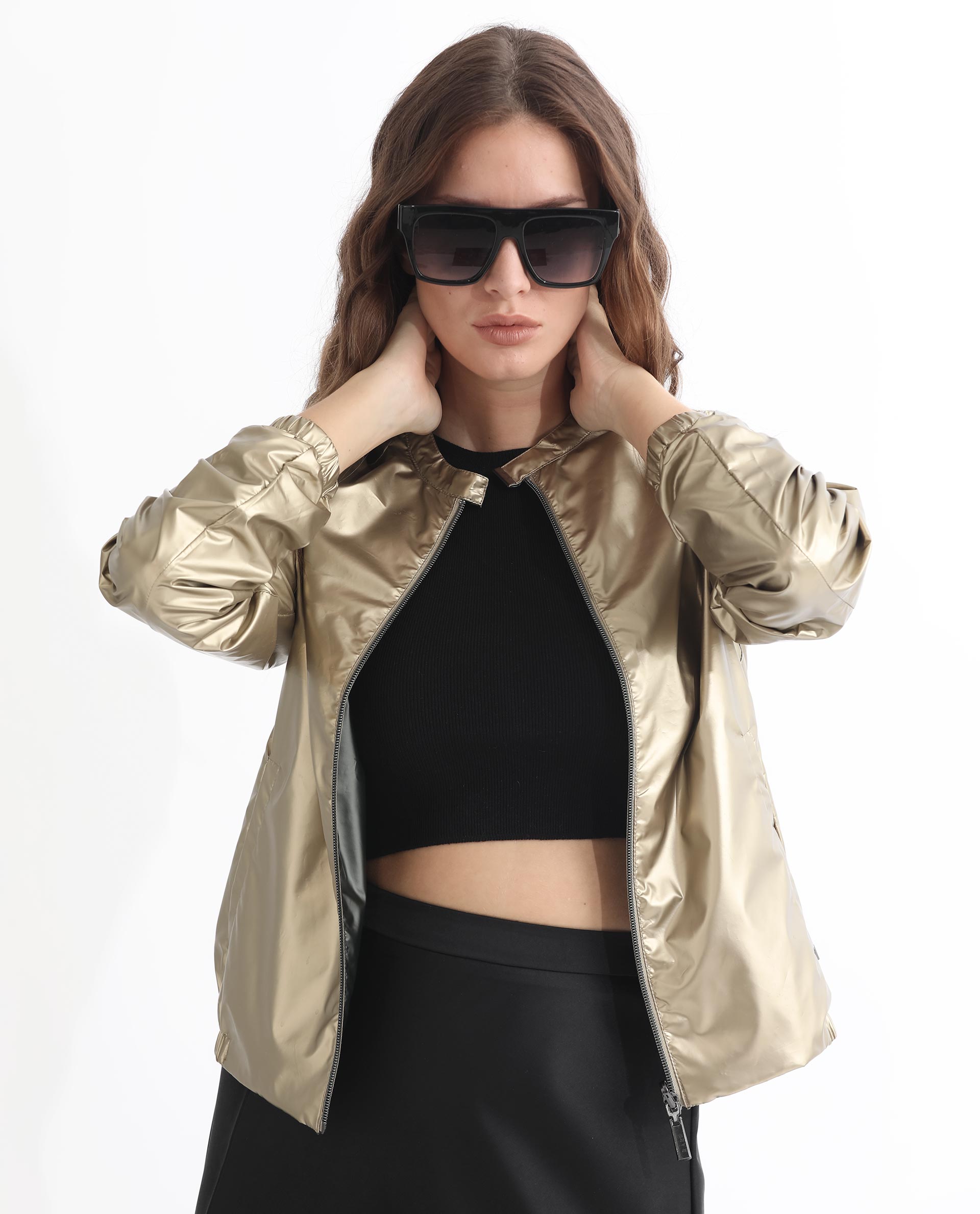 Rareism Women's Charlotte Gold Polyester Mandarin Collar Plain Regular Fit Jacket