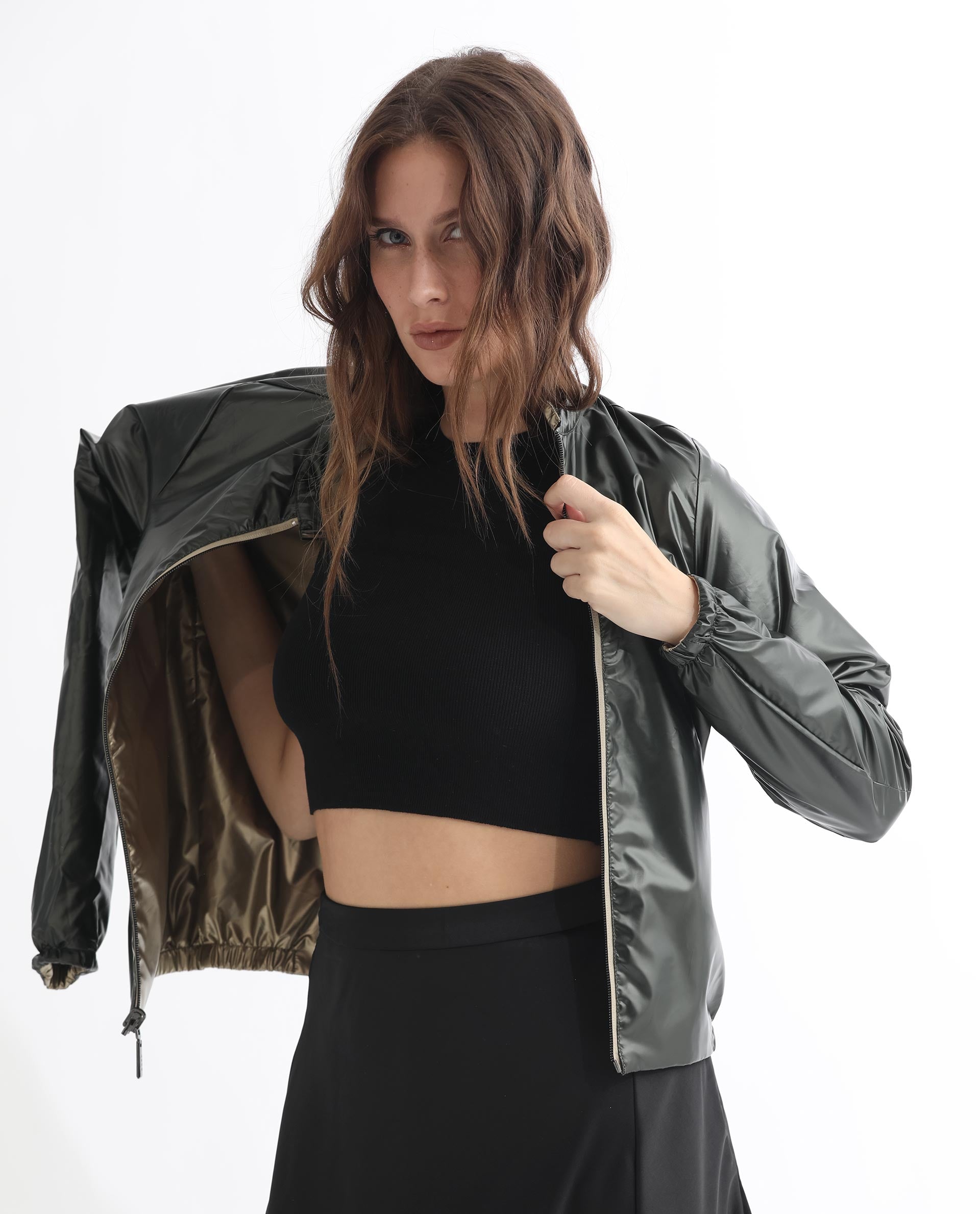 Rareism Women Charlotte Gold Polyester Fabric Full Sleeves Solid Mandarin Collar Jacket