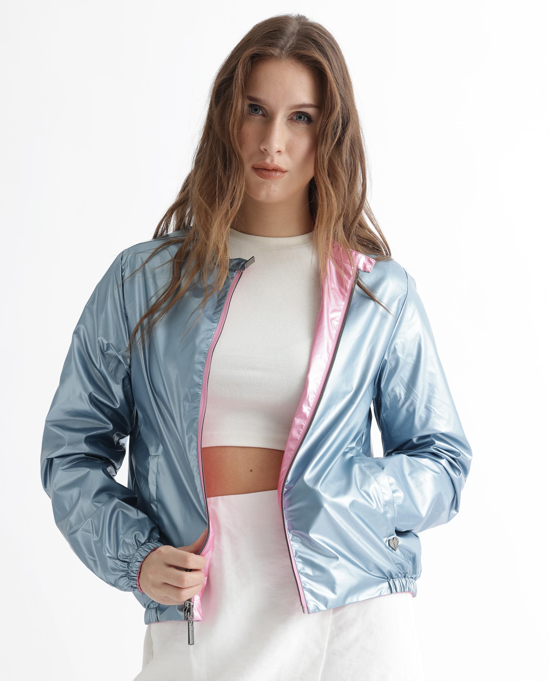 Rareism Women Charlotte Pink Polyester Fabric Full Sleeves Solid Mandarin Collar Jacket