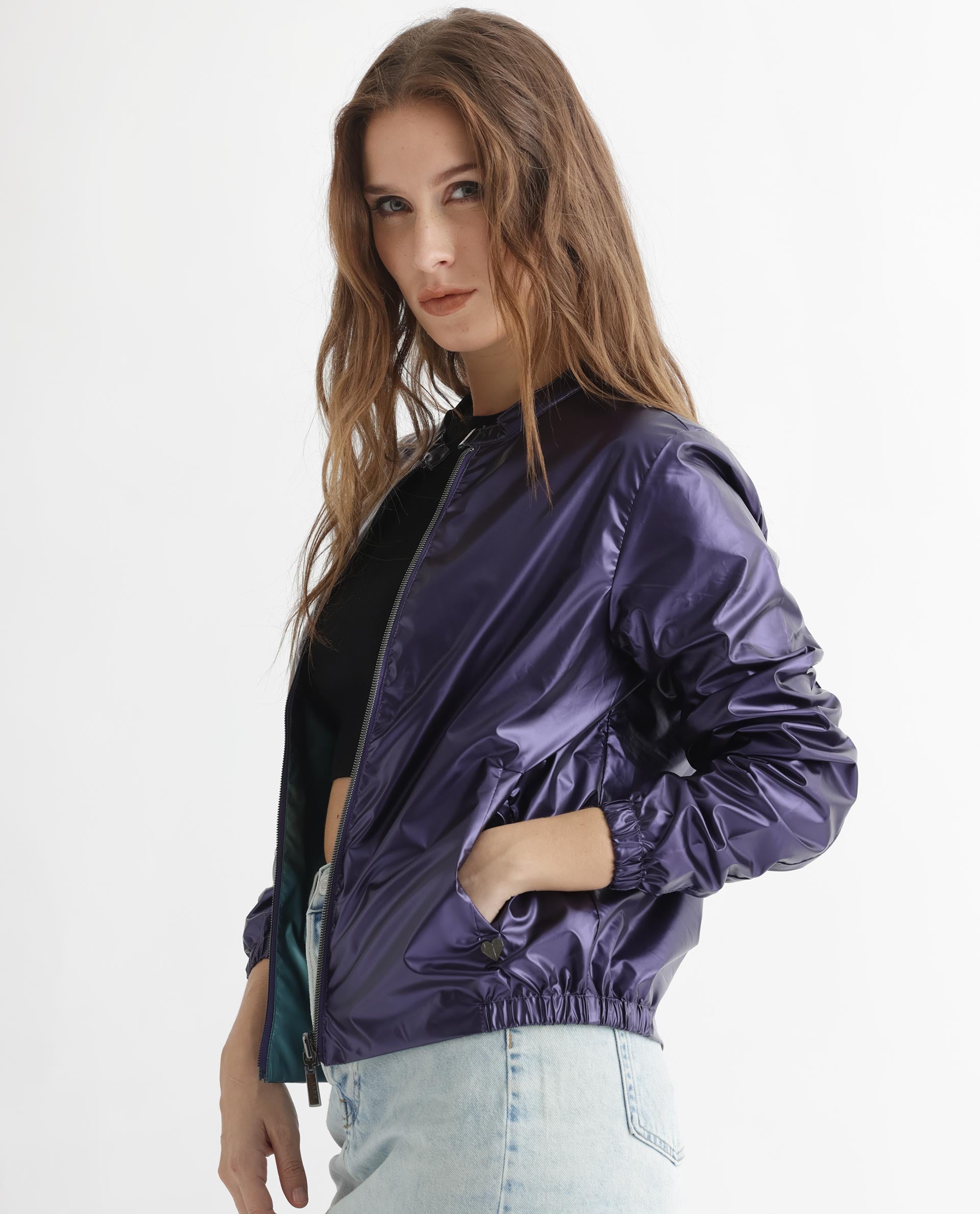 Rareism Women Charlotte Purple Polyester Fabric Full Sleeves Solid Mandarin Collar Jacket