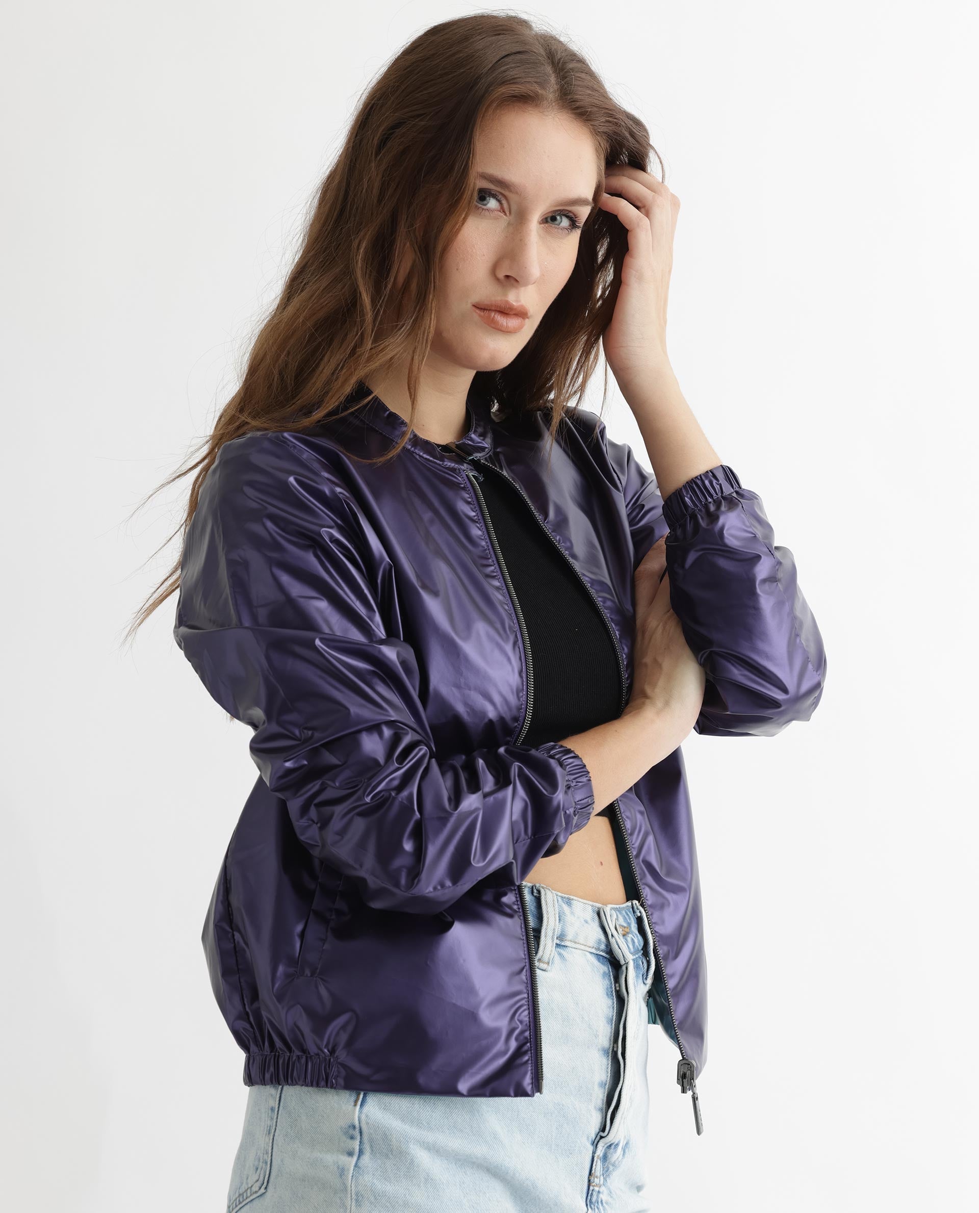 Rareism Women's Charlotte Purple Polyester Mandarin Collar Plain Regular Fit Jacket