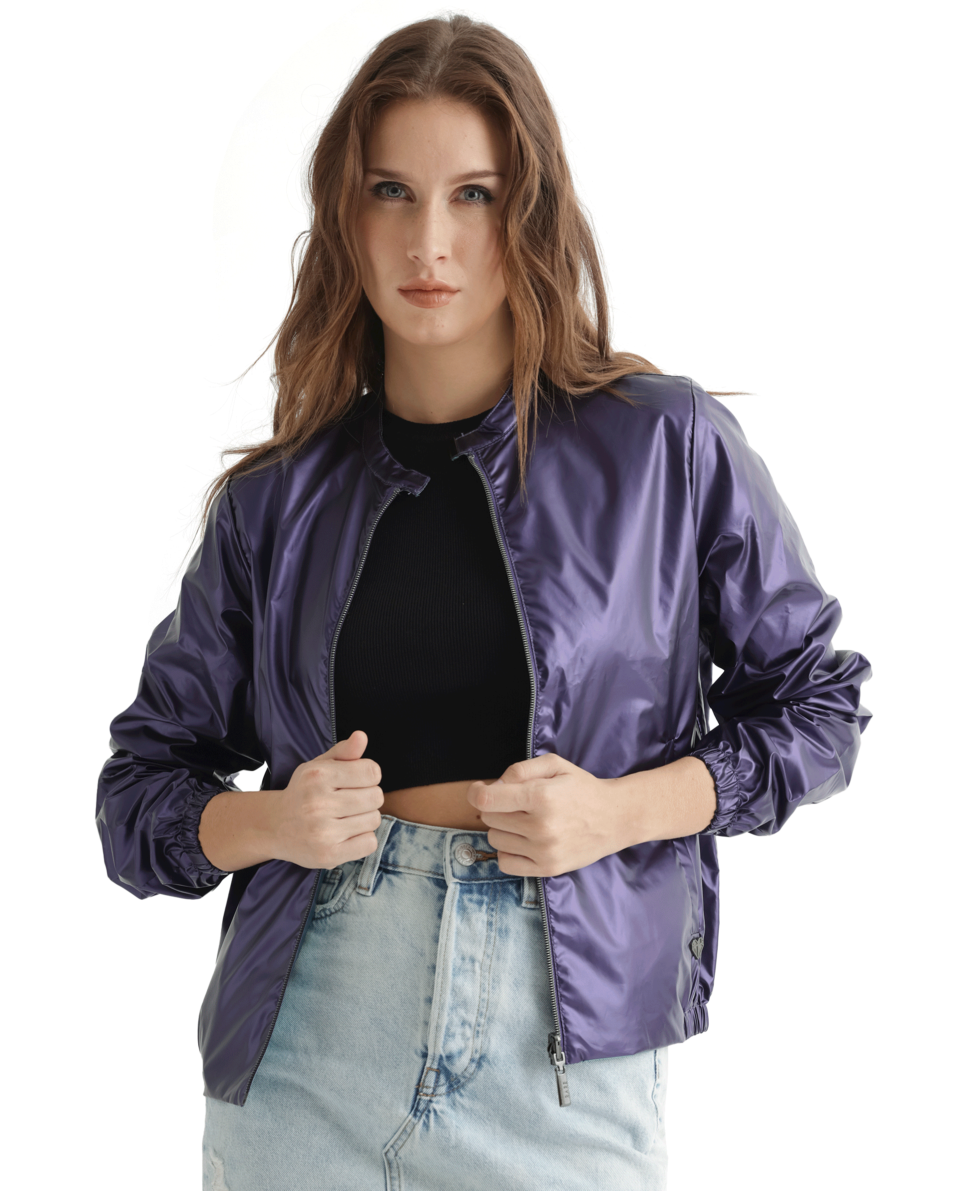 Rareism Women's Charlotte Purple Polyester Mandarin Collar Plain Regular Fit Jacket