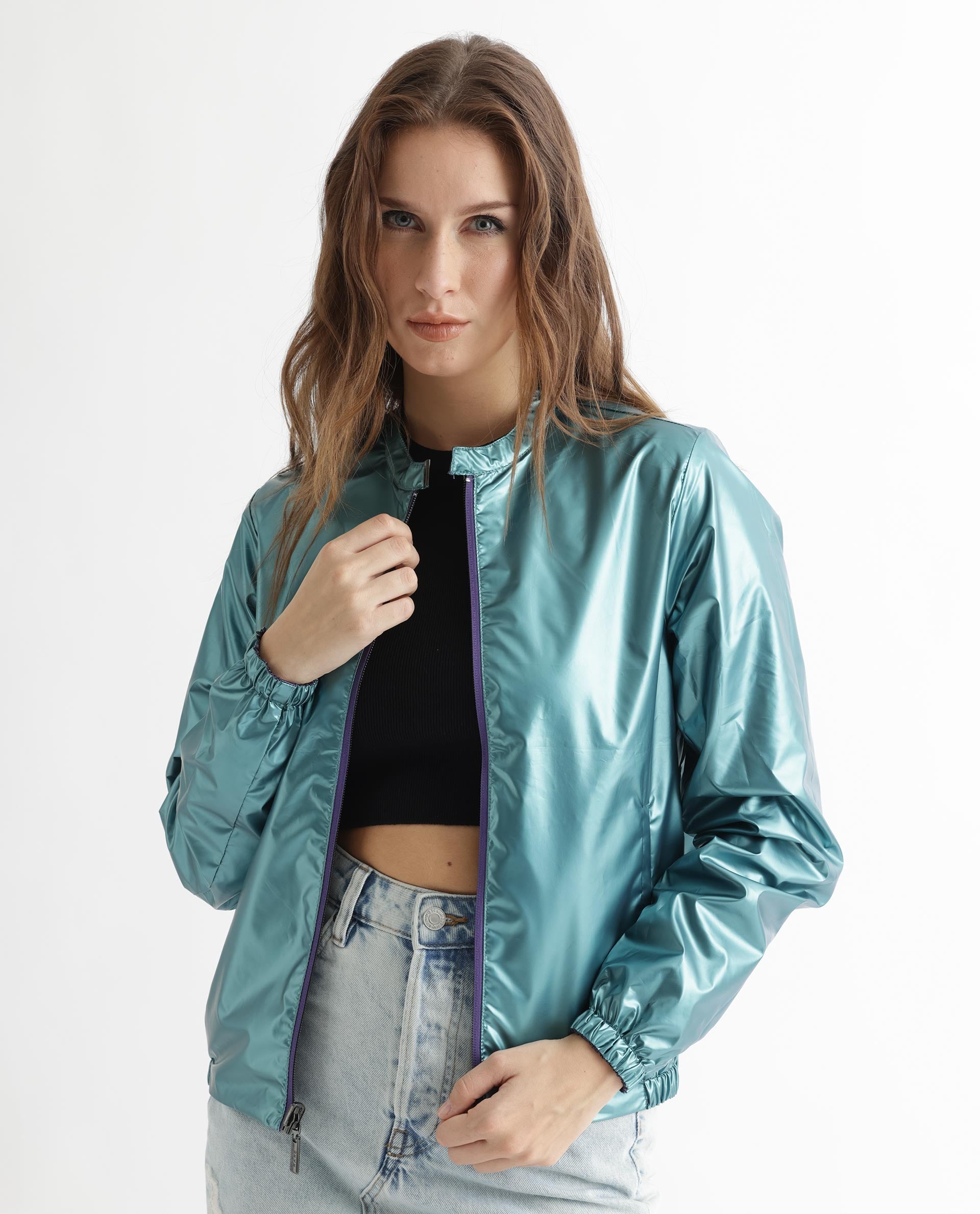 Rareism Women Charlotte Purple Polyester Fabric Full Sleeves Solid Mandarin Collar Jacket