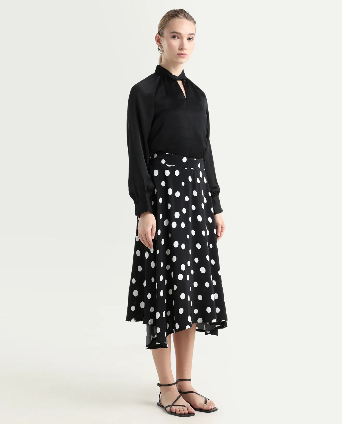 Rareism Women's Chatton Black Polyester Blend Polka Print Knee Length Flared Skirt