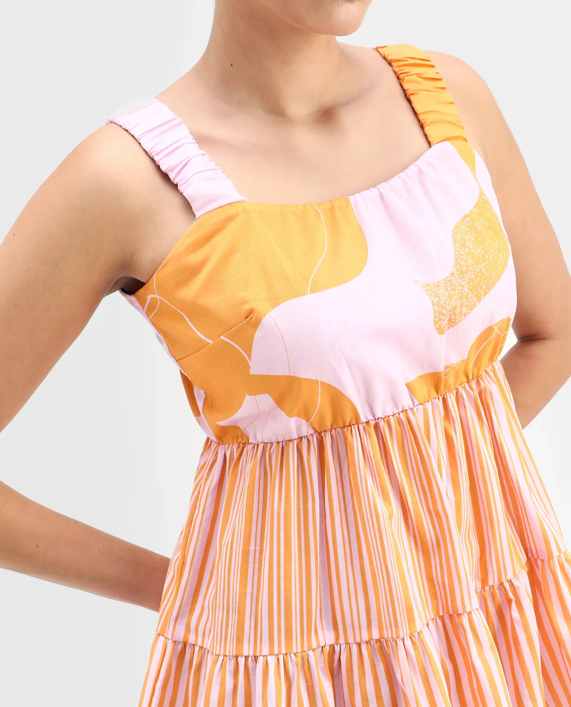 Rareism Women's Cherie Mustard Cotton Collarless Abstract Print Sleeveless Flared Top