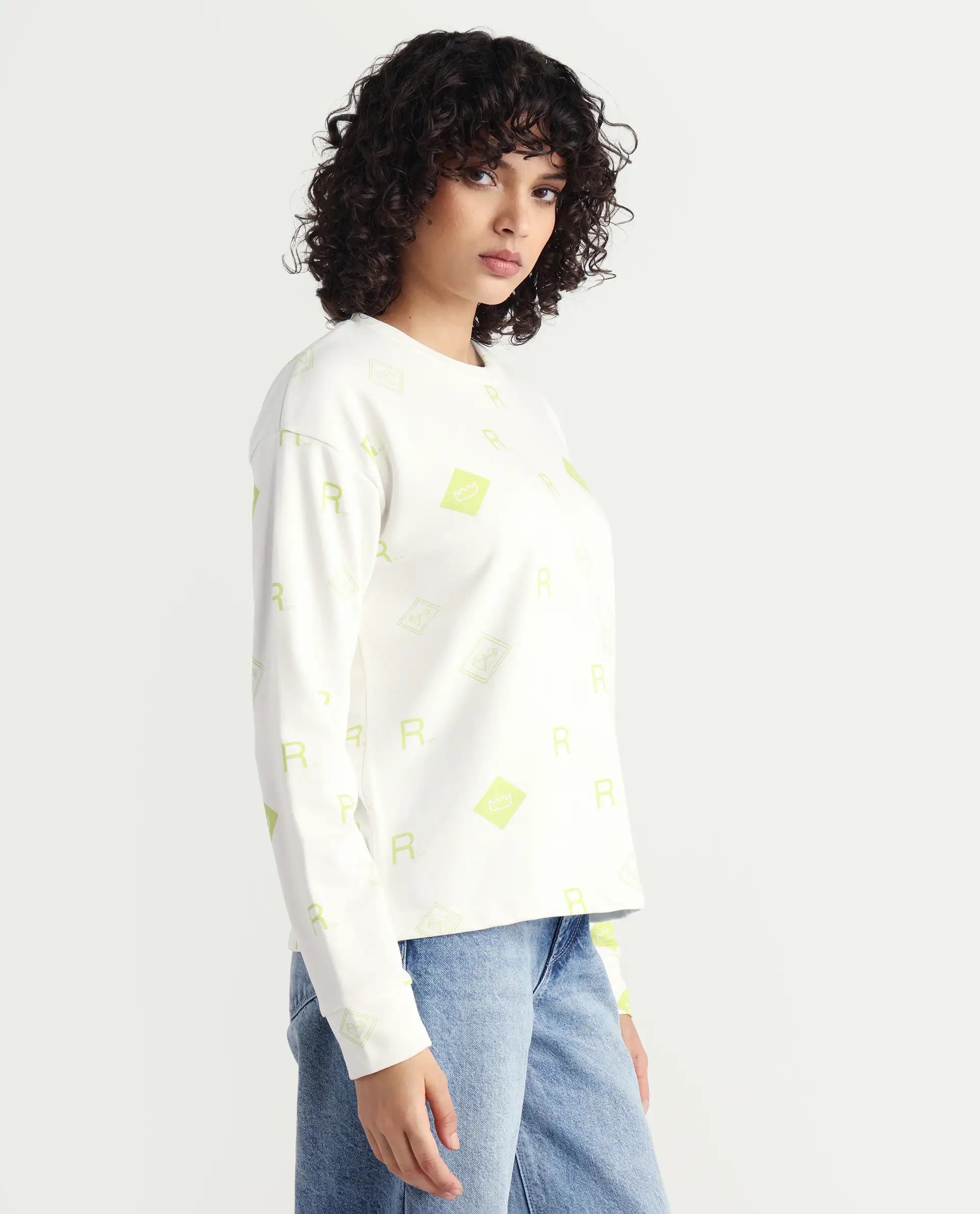 Rareism Women's Chico Off White Polyester Blend Crew Neck Graphic Print Regular Fit Sweatshirt