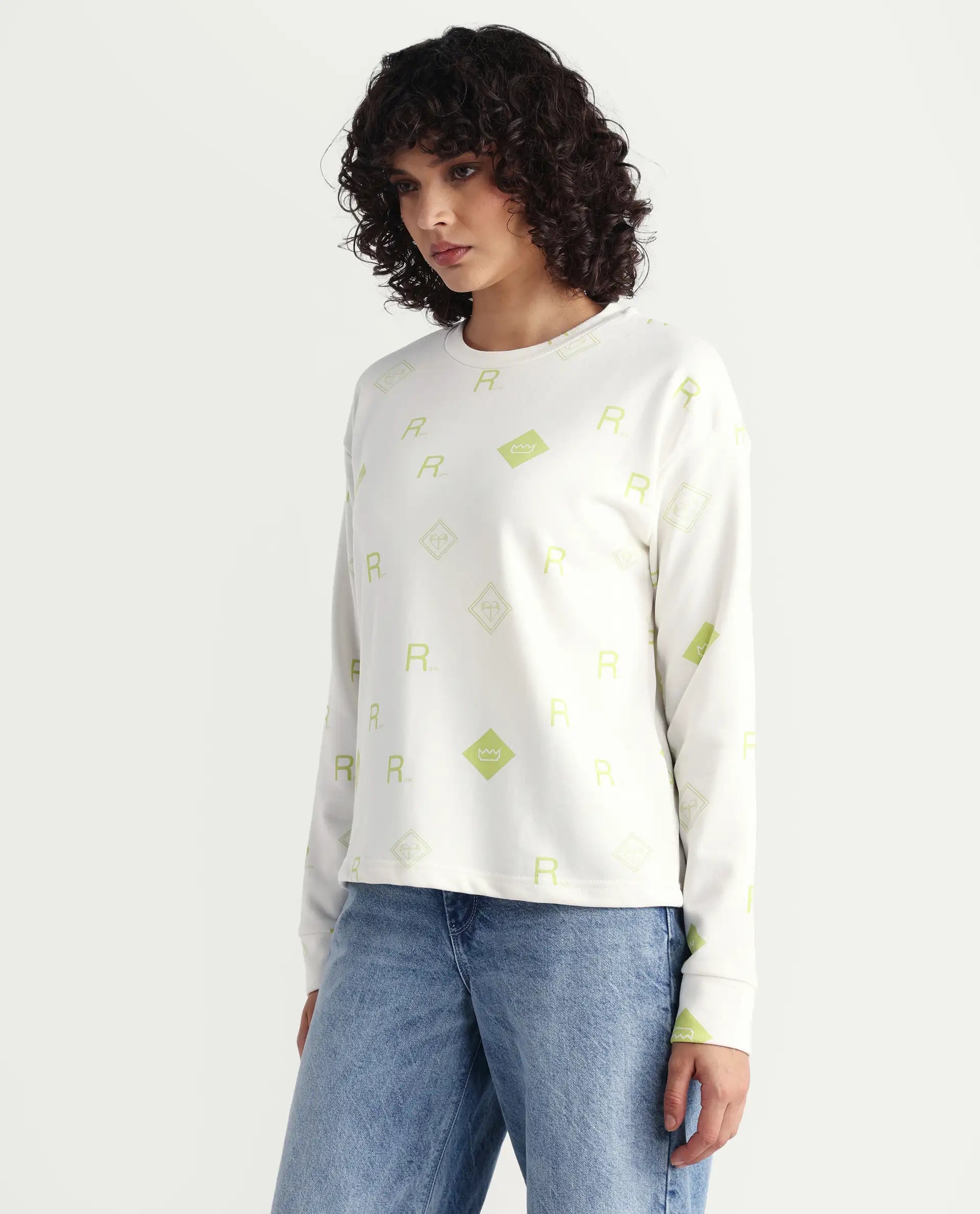 Rareism Women's Chico Off White Polyester Blend Crew Neck Graphic Print Regular Fit Sweatshirt