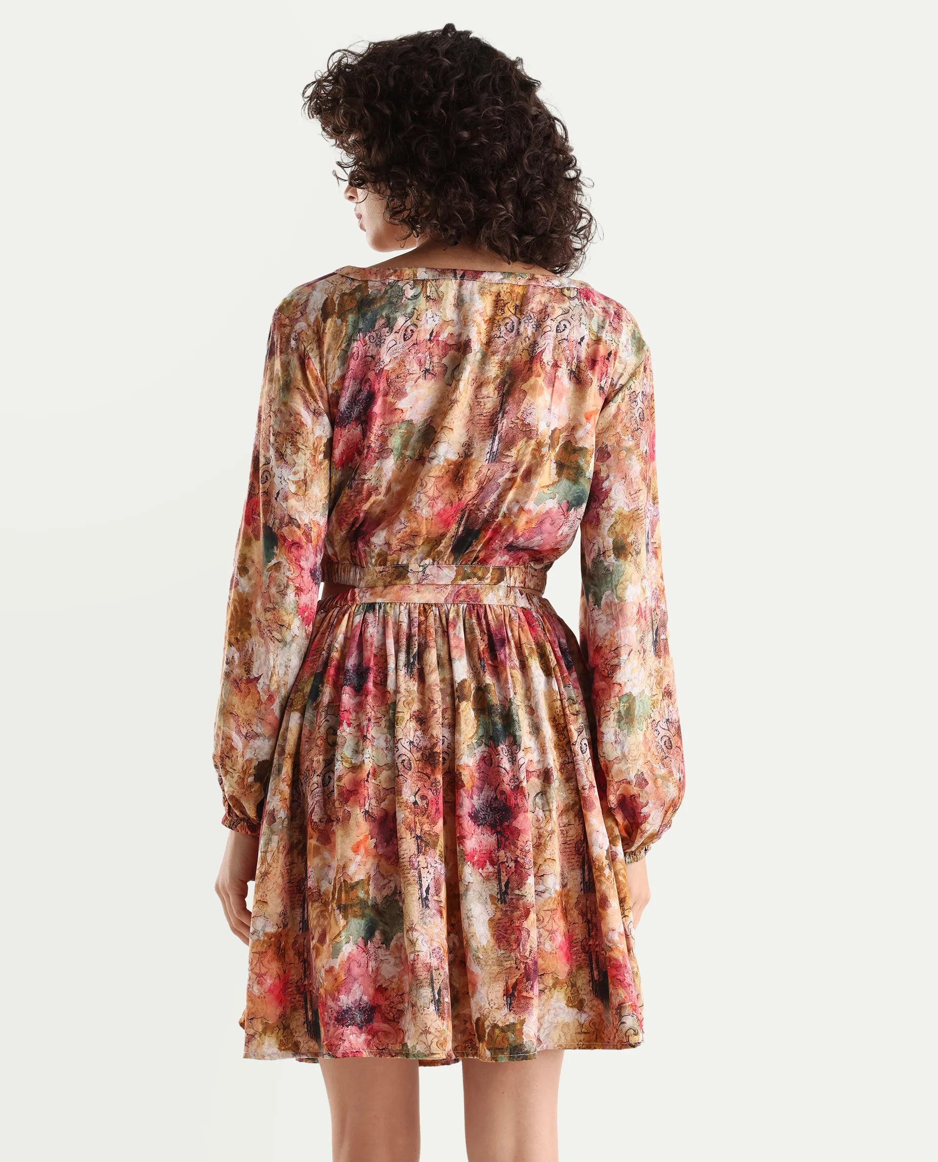 Rareism Women's Chilet Multi Cotton Blend Crew Neck Floral Print Puff Sleeves Knee Length A-Line Dress