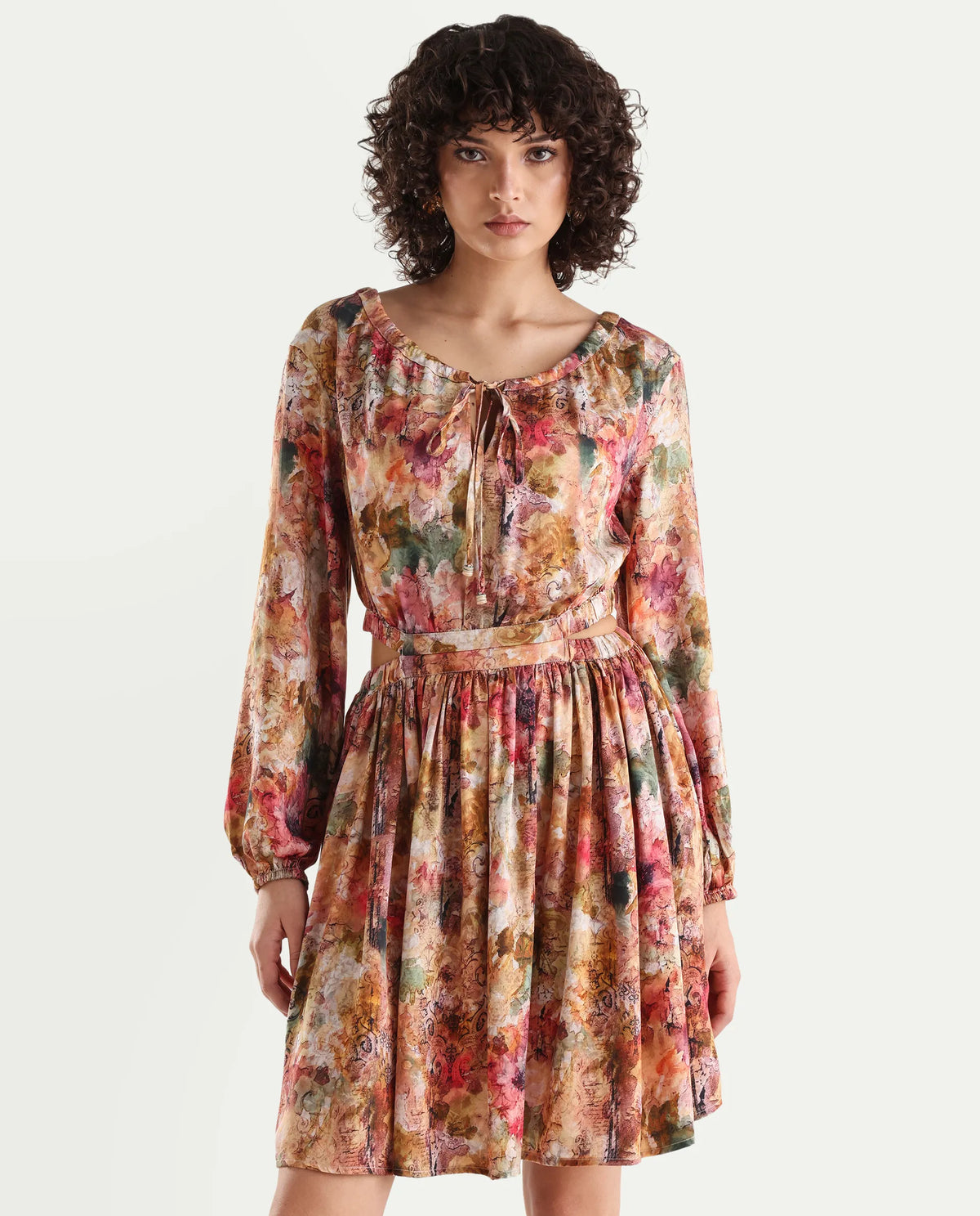 Rareism Women's Chilet Multi Cotton Blend Crew Neck Floral Print Puff Sleeves Knee Length A-Line Dress