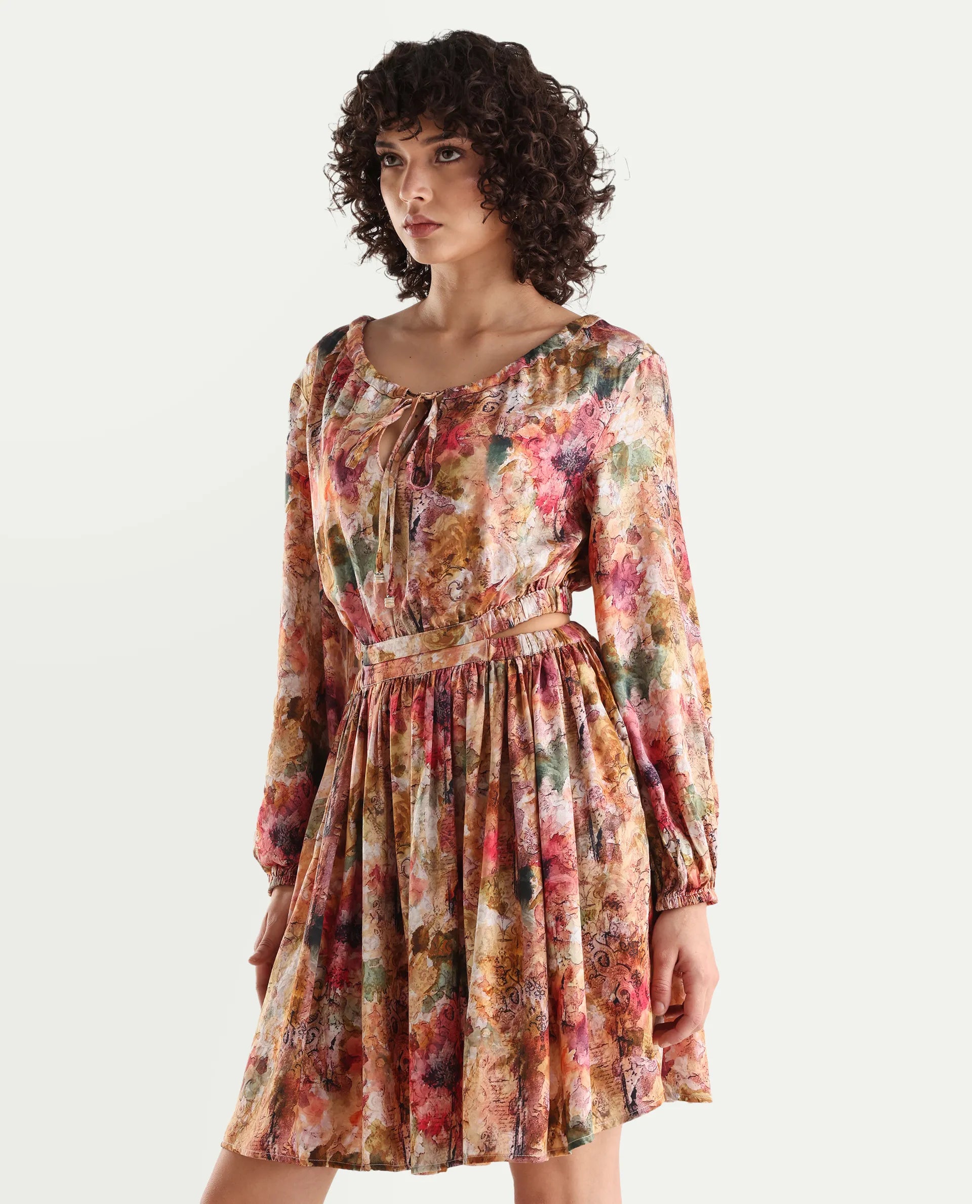 Rareism Women's Chilet Multi Cotton Blend Crew Neck Floral Print Puff Sleeves Knee Length A-Line Dress