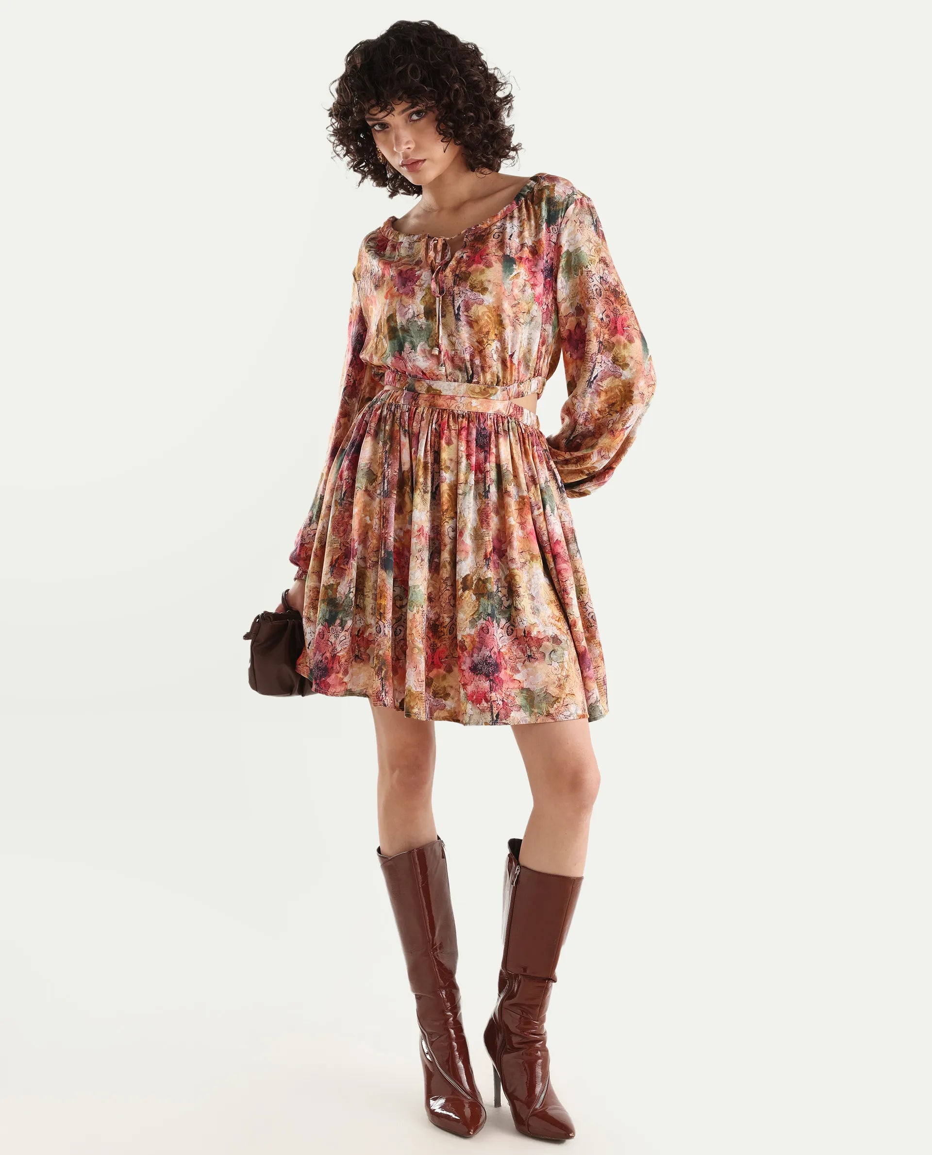 Rareism Women's Chilet Multi Cotton Blend Crew Neck Floral Print Puff Sleeves Knee Length A-Line Dress