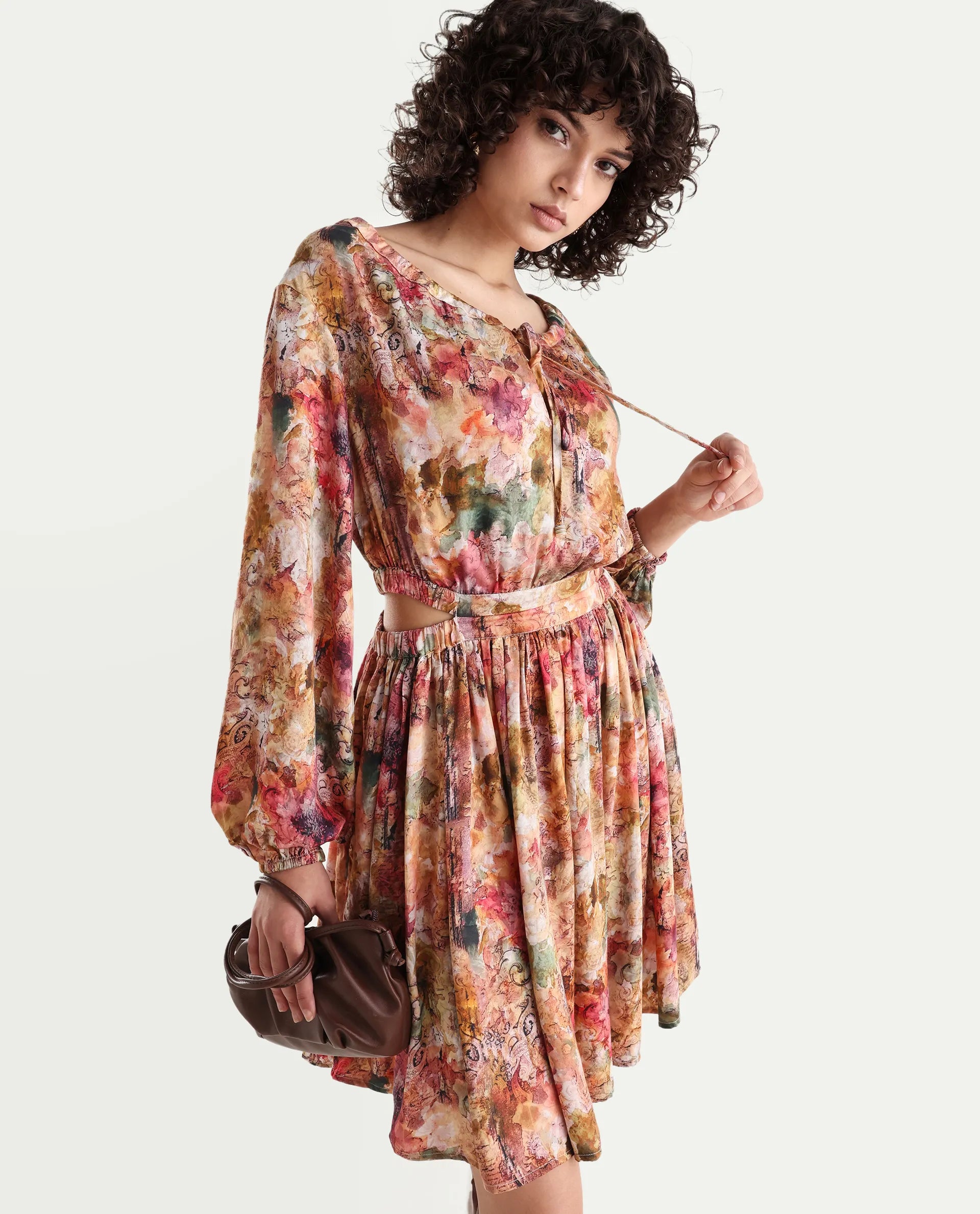 Rareism Women's Chilet Multi Cotton Blend Crew Neck Floral Print Puff Sleeves Knee Length A-Line Dress