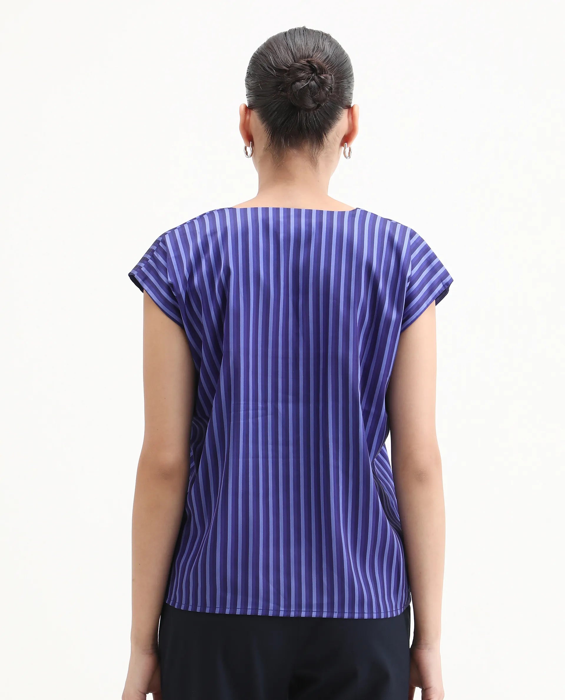 Rareism Women's Chinita Blue Satin V-Neck Striped Extended Sleeves Boxy Fit Top