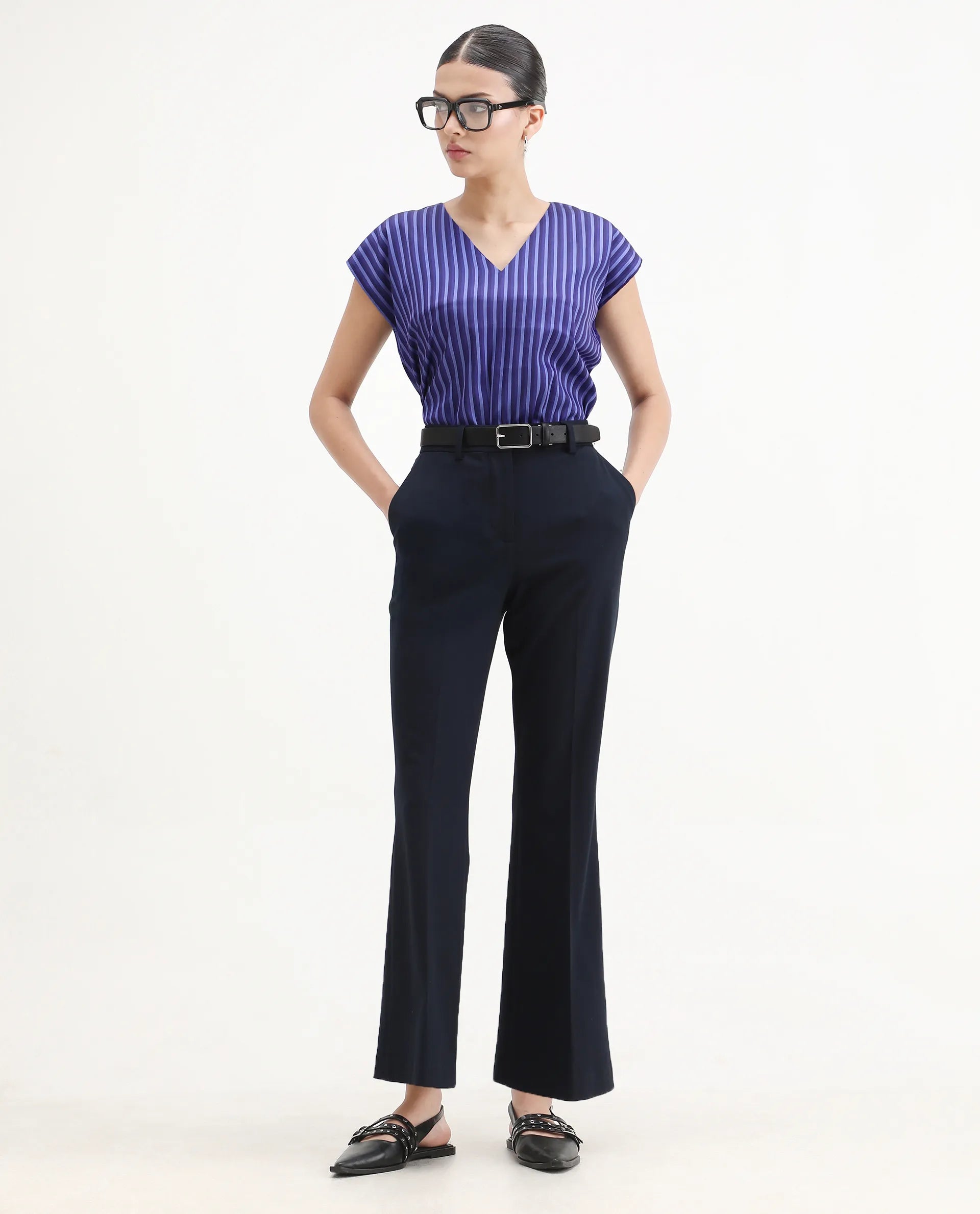 Rareism Women's Chinita Blue Satin V-Neck Striped Extended Sleeves Boxy Fit Top