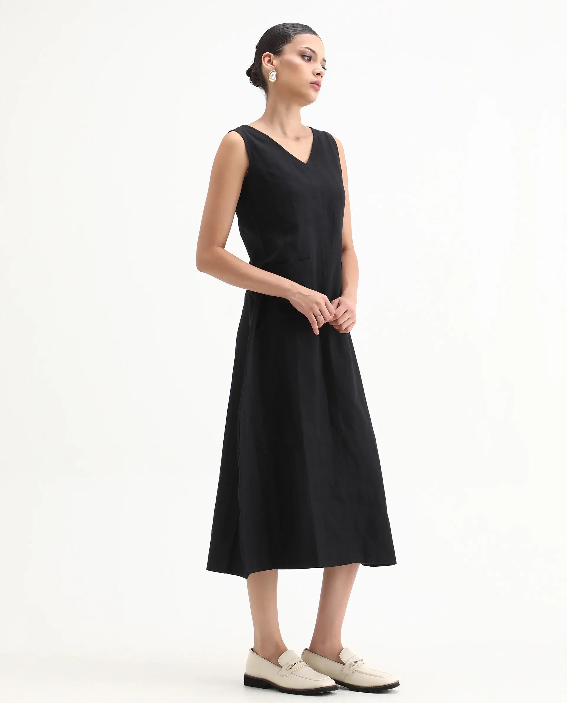 Rareism Womens Chloe Black Dress Long Length Cotton Linen Blend Fabric Sleeveless V Neck
