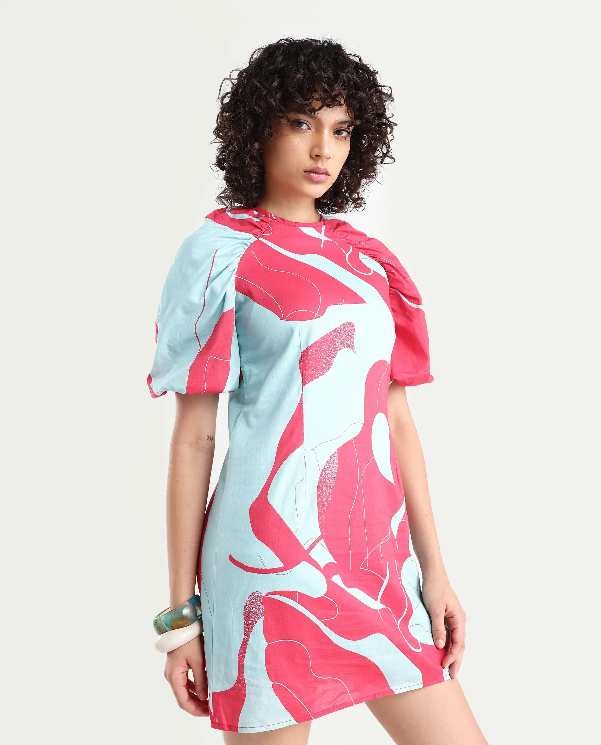 Rareism Women's Chloris Maroon Cotton Crew Neck Abstract Print Puff Sleeves Knee Length Tailored Dress