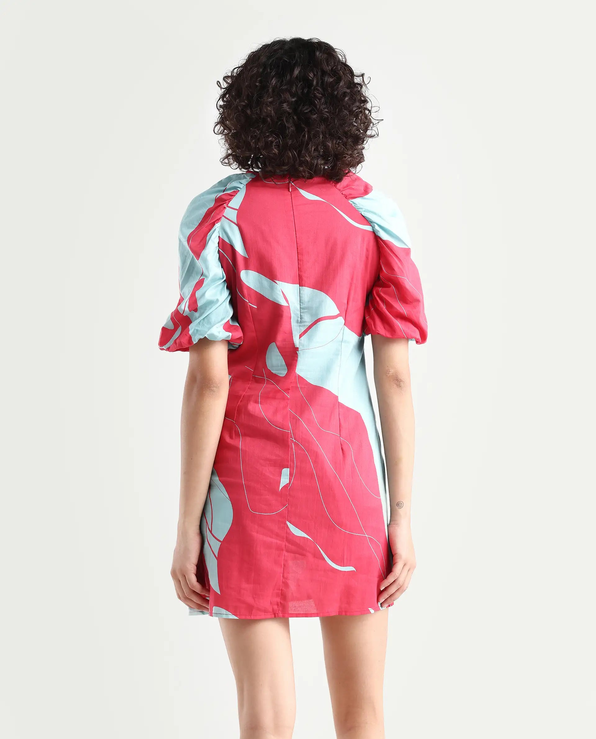 Rareism Women's Chloris Maroon Cotton Crew Neck Abstract Print Puff Sleeves Knee Length Tailored Dress