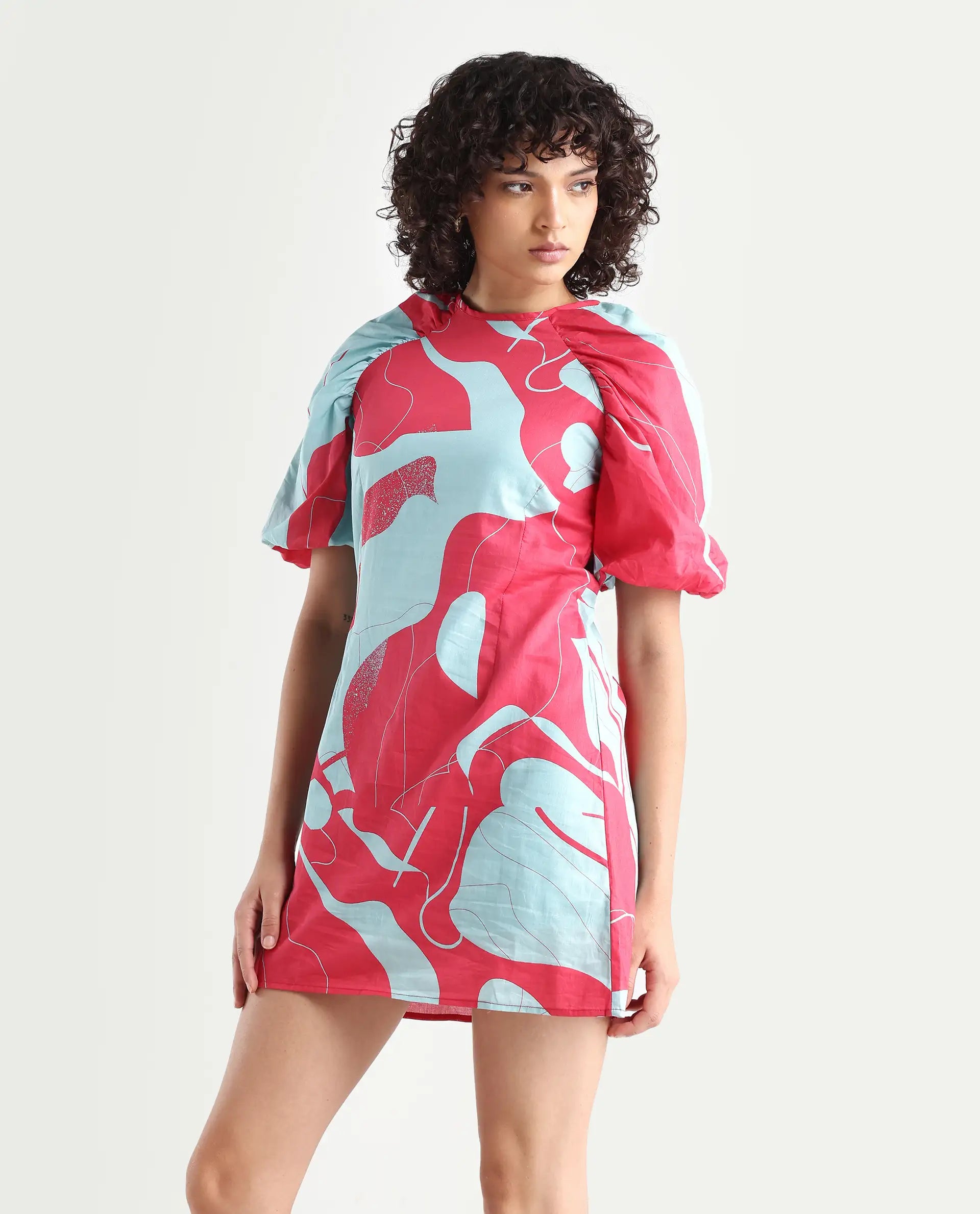 Rareism Women's Chloris Maroon Cotton Crew Neck Abstract Print Puff Sleeves Knee Length Tailored Dress