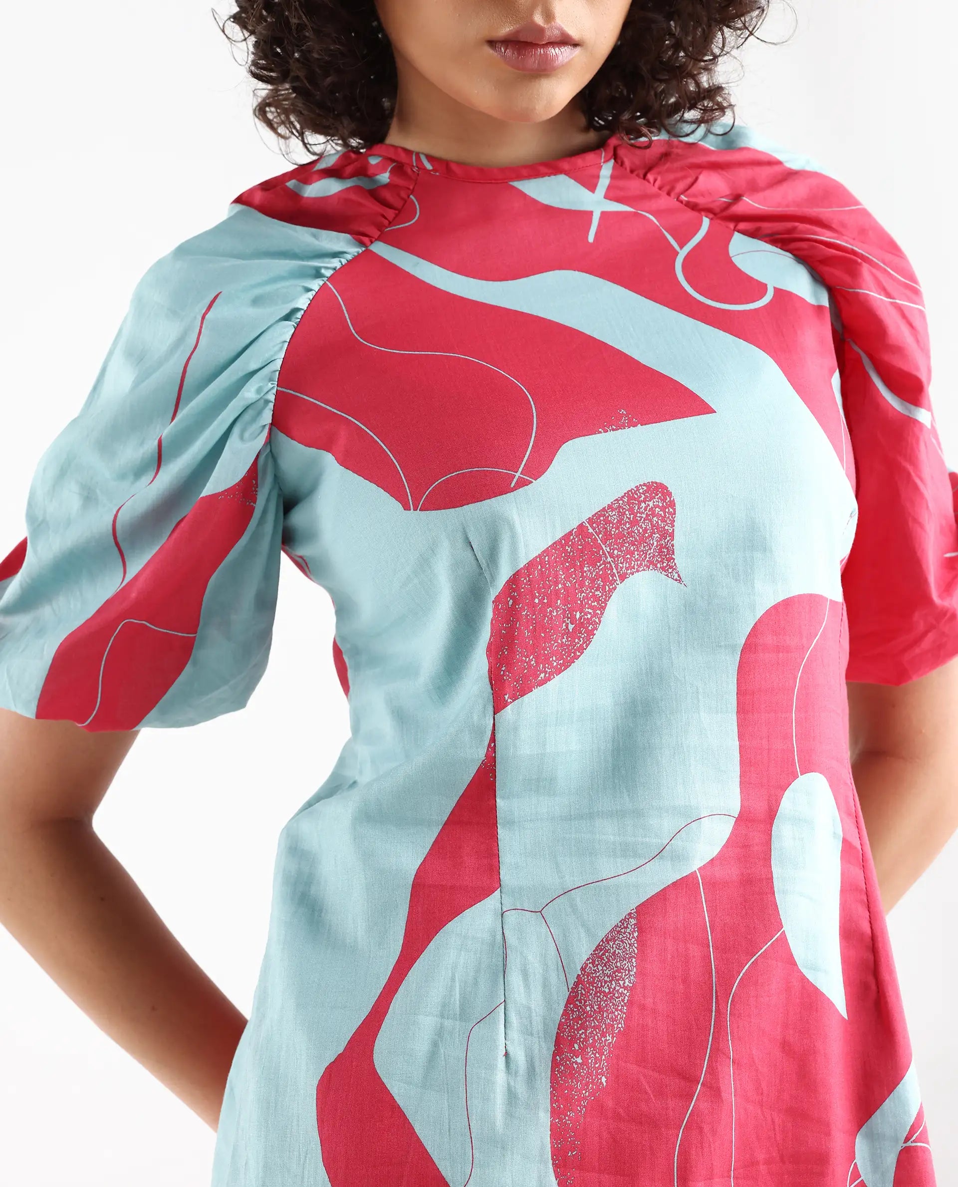 Rareism Women's Chloris Maroon Cotton Crew Neck Abstract Print Puff Sleeves Knee Length Tailored Dress