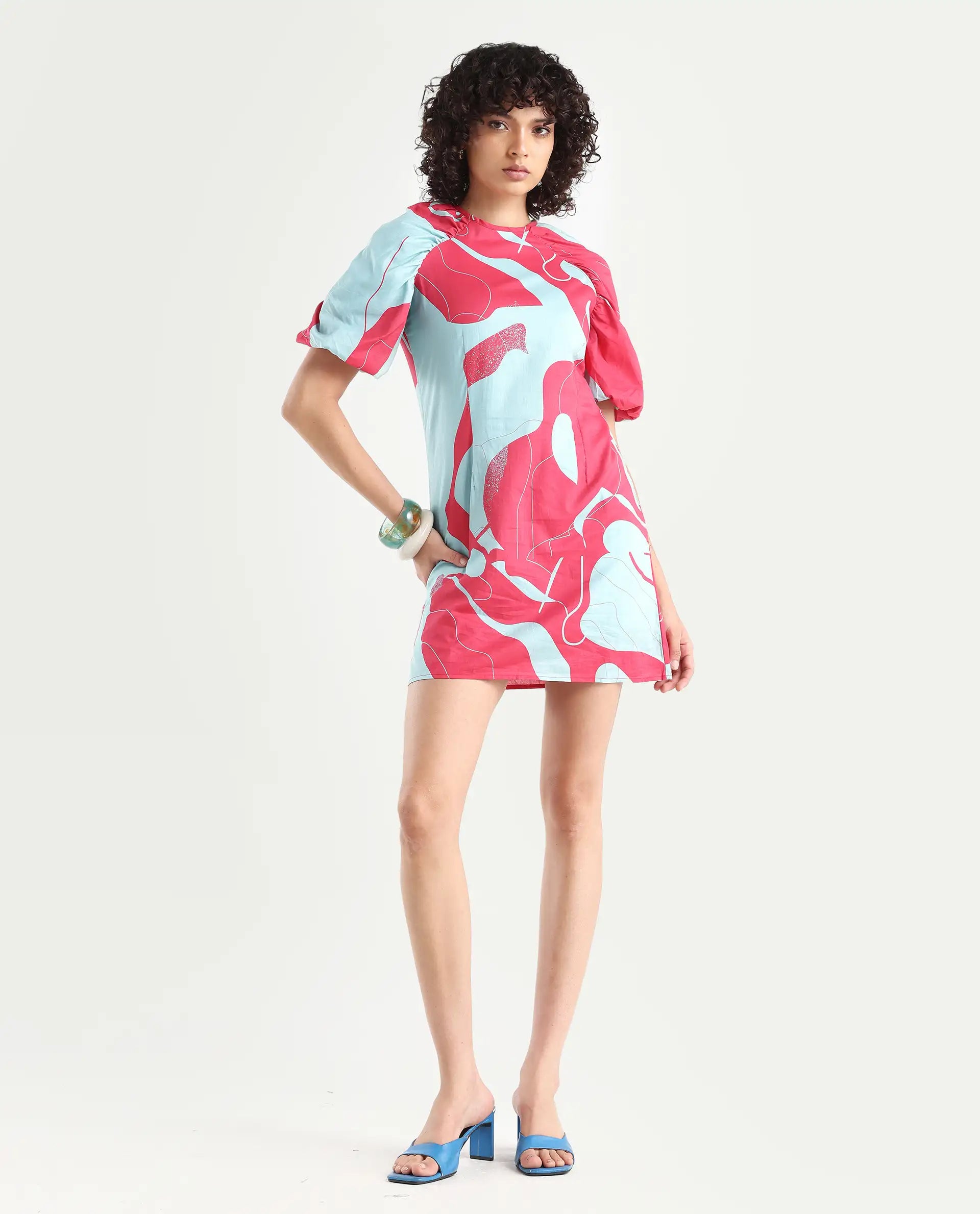 Rareism Women's Chloris Maroon Cotton Crew Neck Abstract Print Puff Sleeves Knee Length Tailored Dress