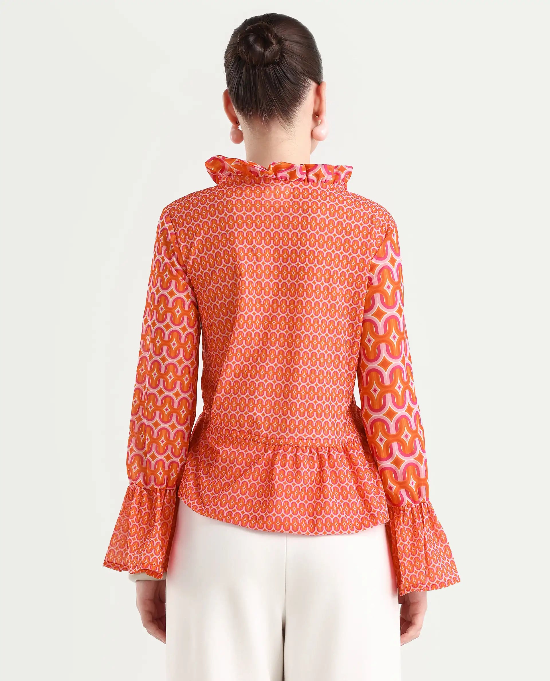 Rareism Women's Christa Multi Cotton V-Neck Geometric Print Bell Sleeve Regular Fit Shrug