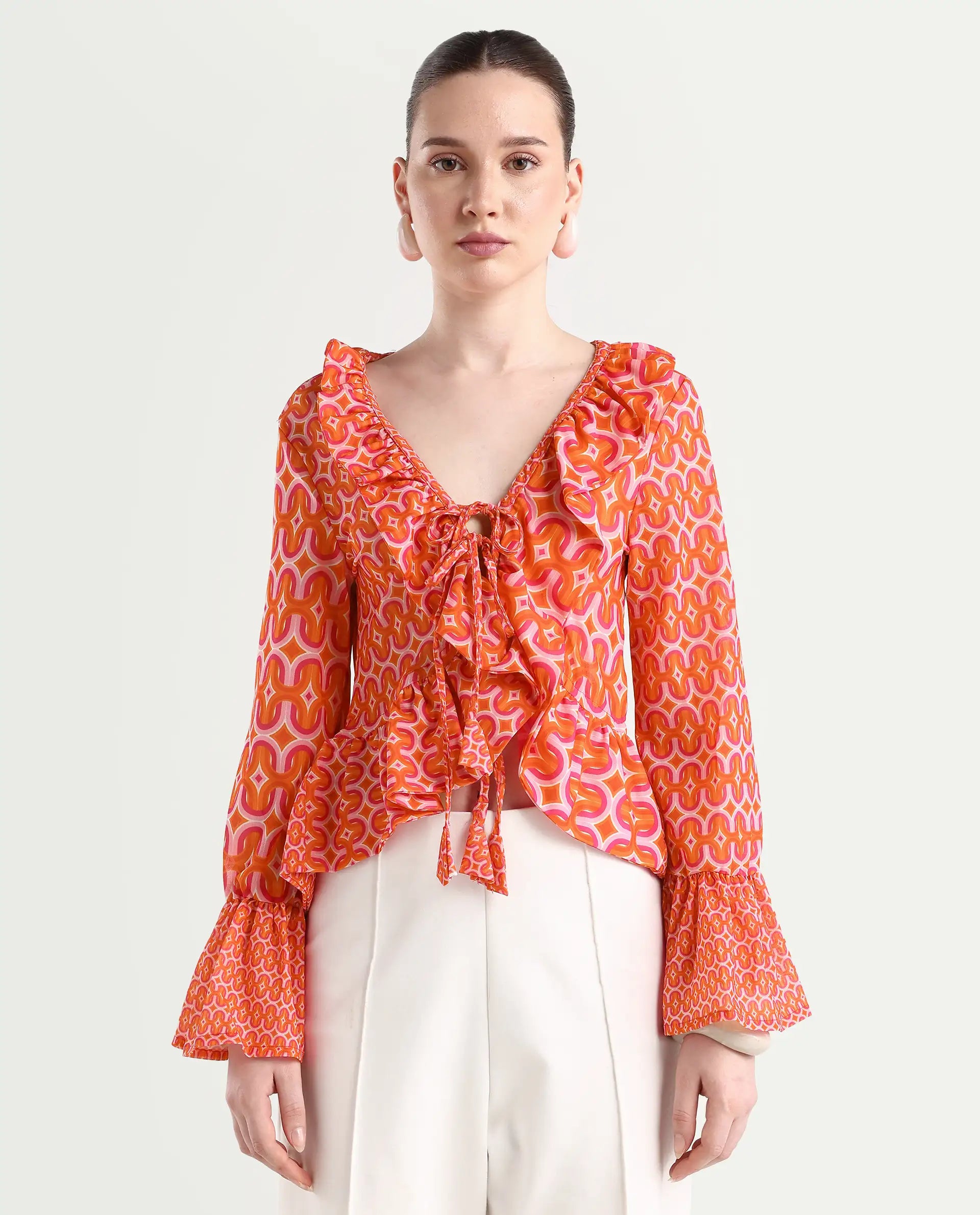 Rareism Women's Christa Multi Cotton V-Neck Geometric Print Bell Sleeve Regular Fit Shrug
