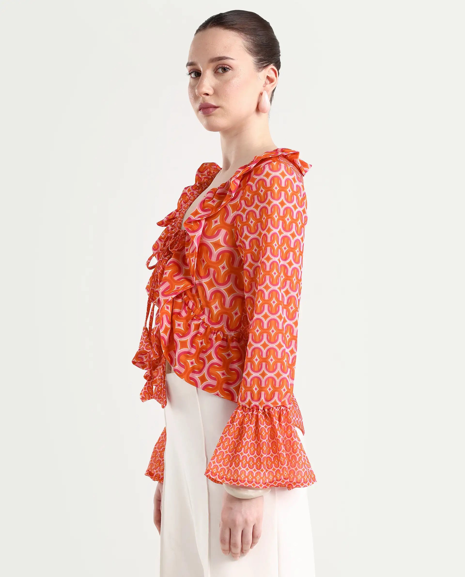 Rareism Women's Christa Multi Cotton V-Neck Geometric Print Bell Sleeve Regular Fit Shrug