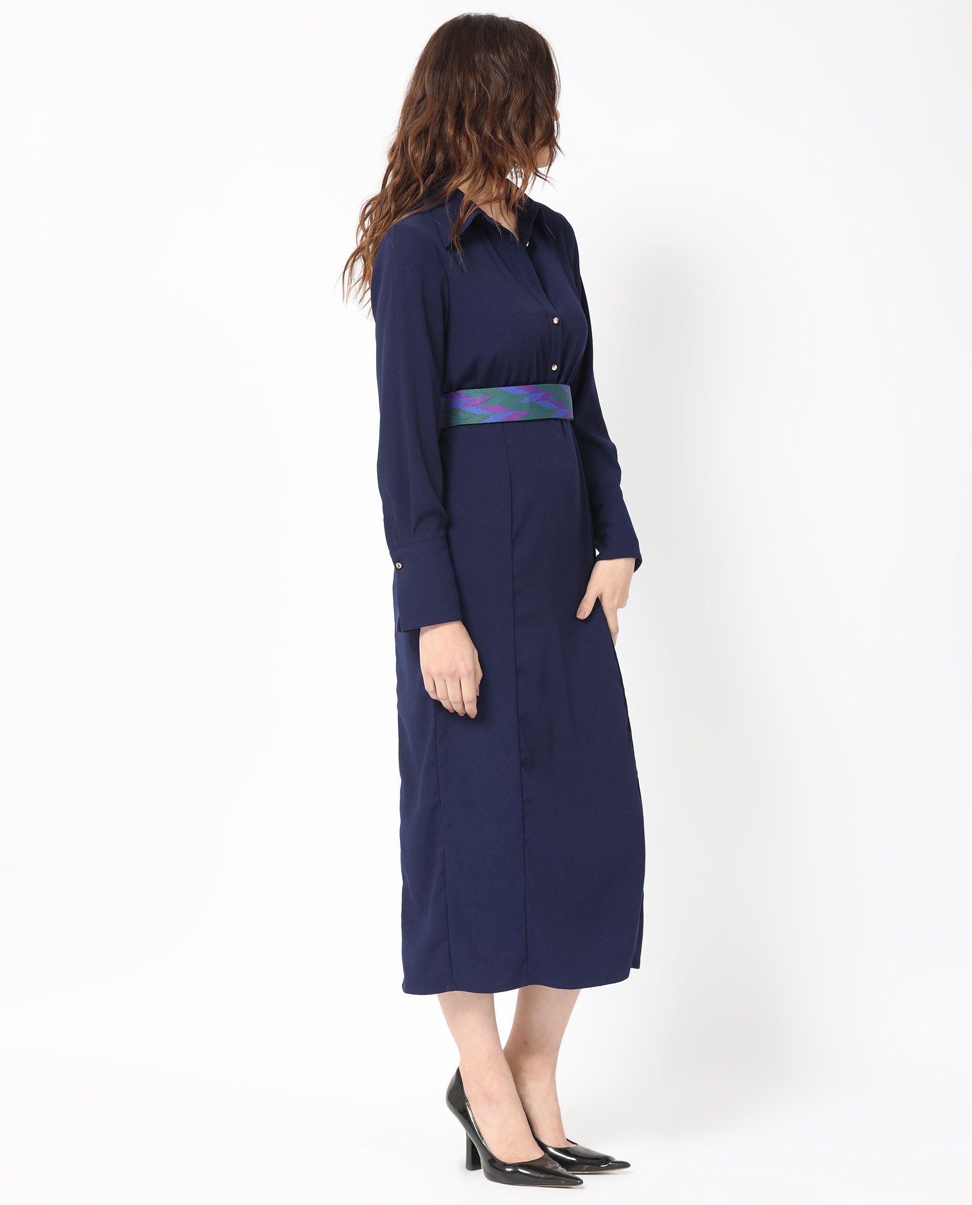 Rareism Women Chsam Navy Poly Lycra Fabric Full Sleeves Shirt Collar Regular Fit Plain Maxi Boxy Dress