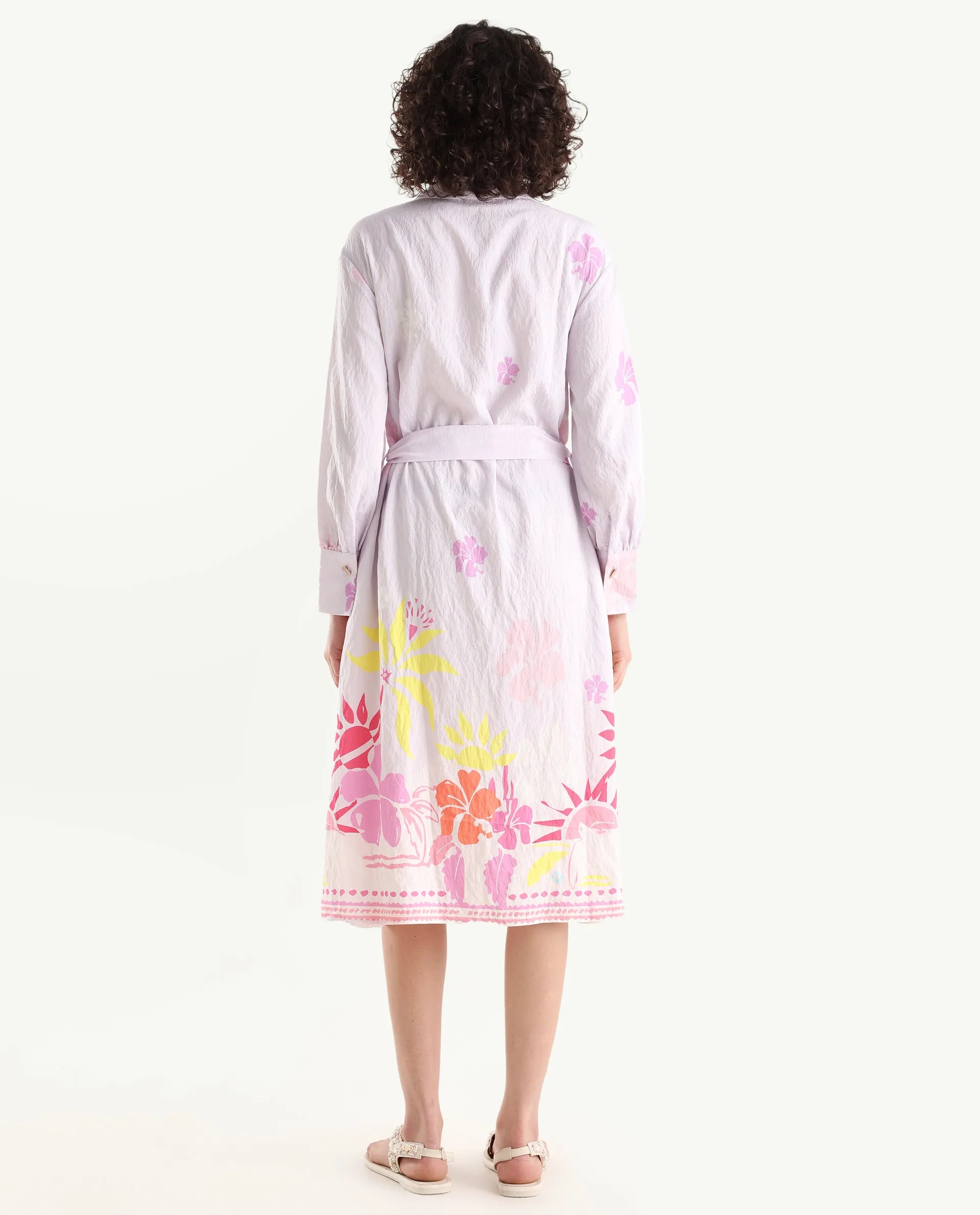 Rareism Women's Chunker Off White Nylon Blend Drop Collar Floral Print Cuffed Sleeve Midi A-Line Dress