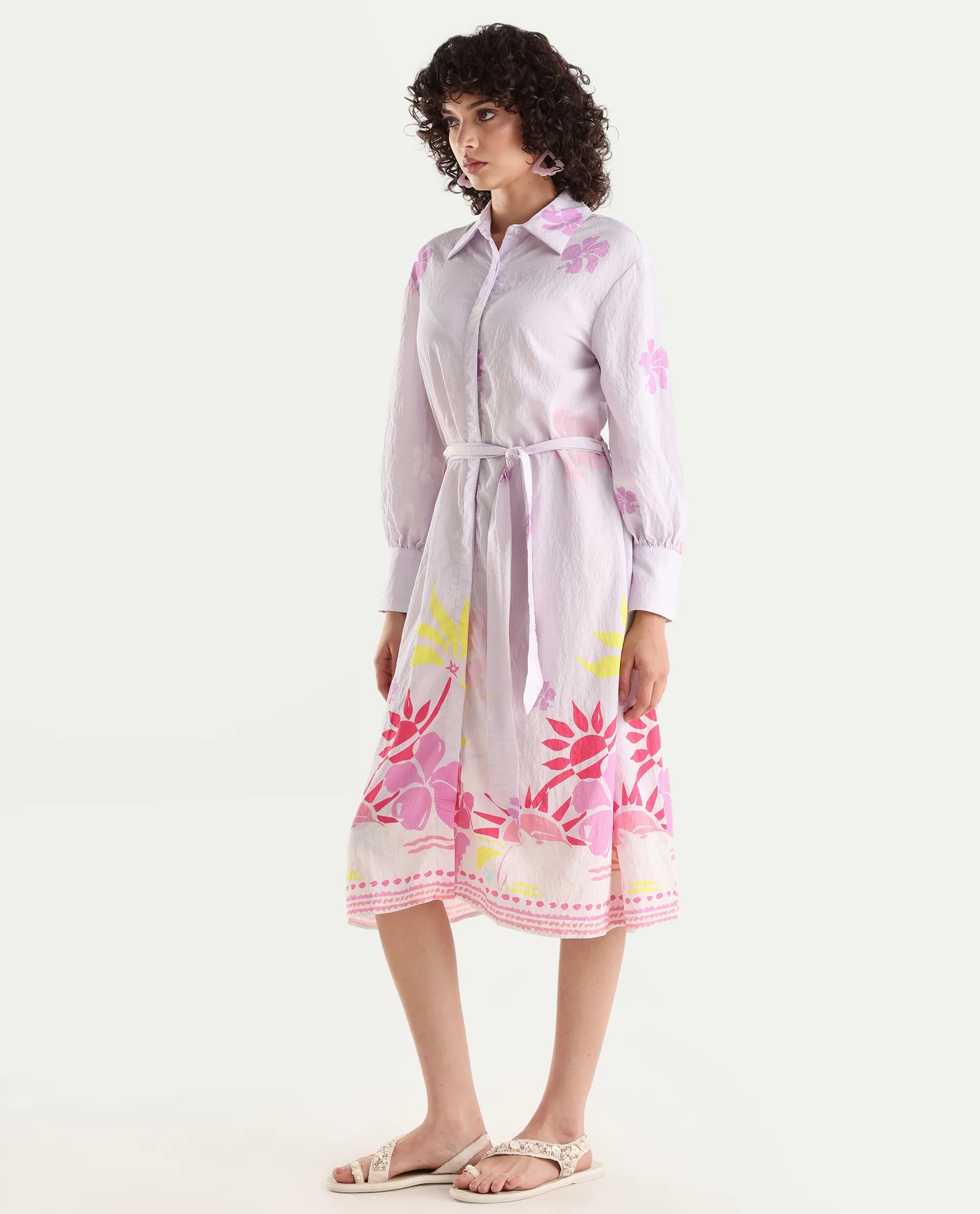 Rareism Women's Chunker Off White Nylon Blend Drop Collar Floral Print Cuffed Sleeve Midi A-Line Dress