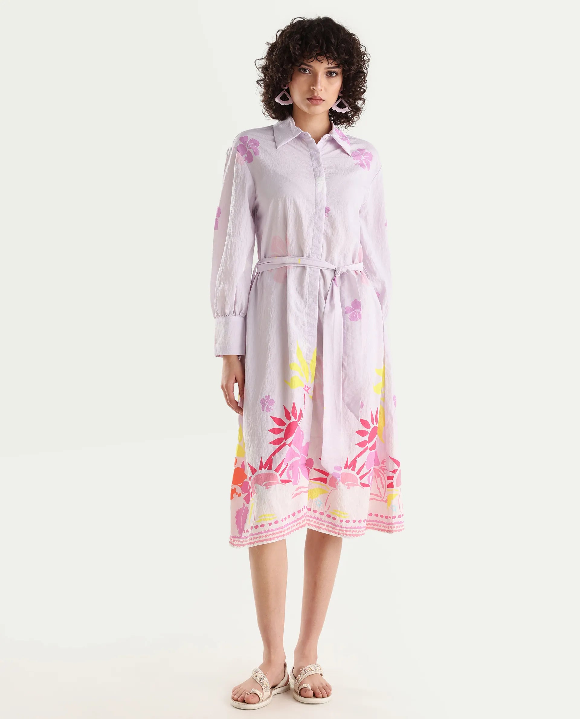 Rareism Women's Chunker Off White Nylon Blend Drop Collar Floral Print Cuffed Sleeve Midi A-Line Dress