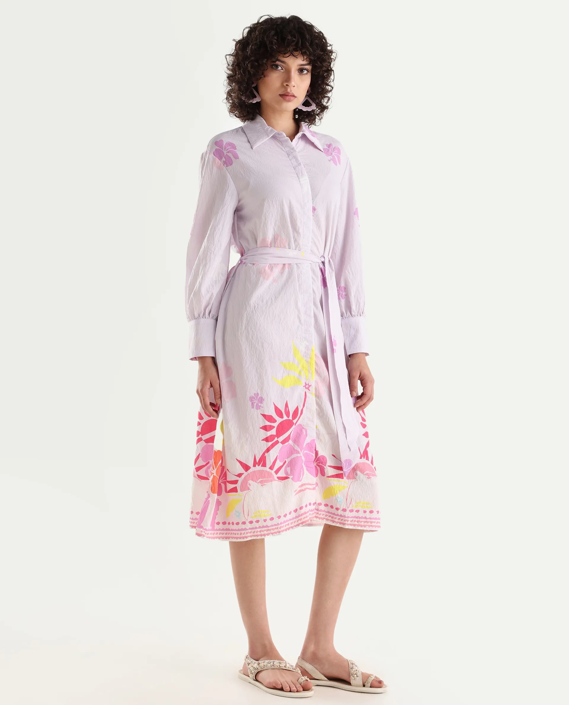 Rareism Women's Chunker Off White Nylon Blend Drop Collar Floral Print Cuffed Sleeve Midi A-Line Dress