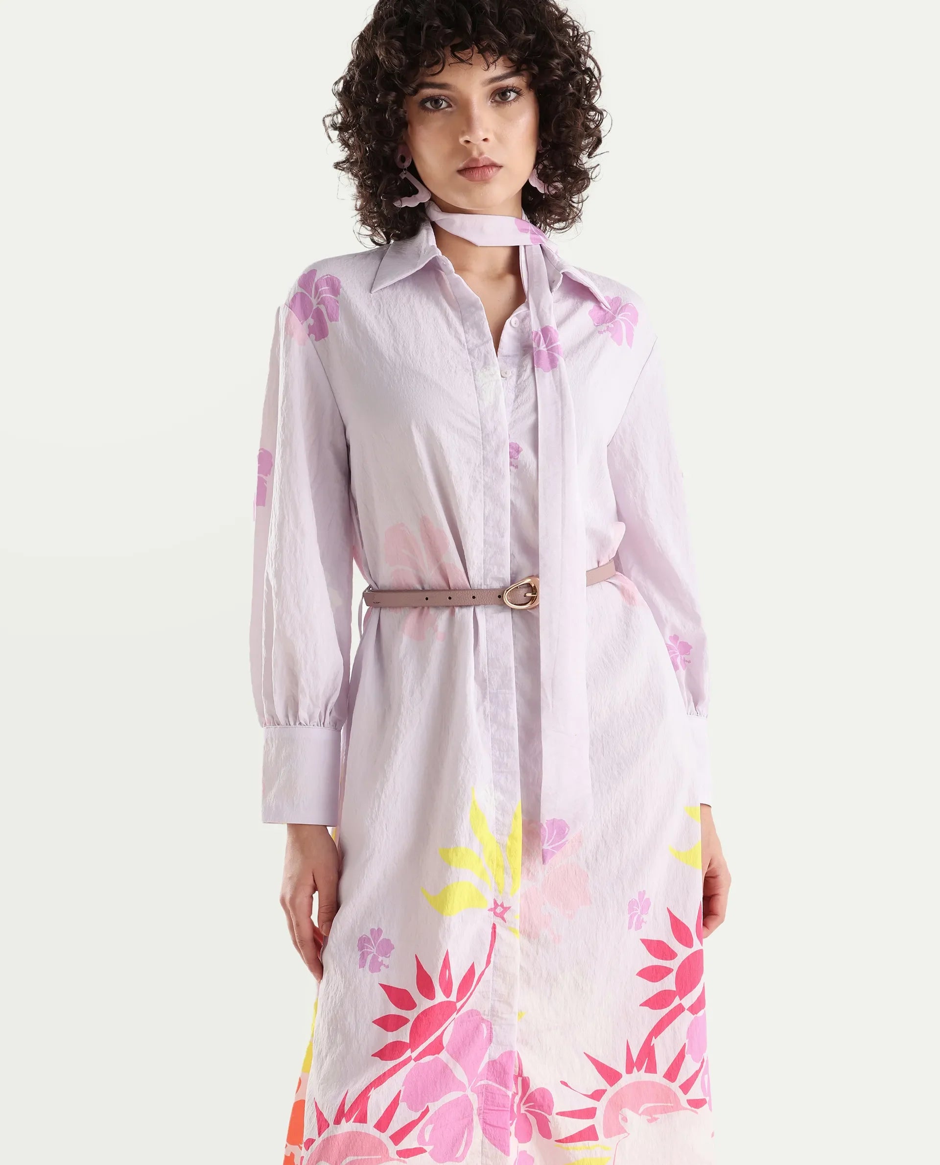 Rareism Women's Chunker Off White Nylon Blend Drop Collar Floral Print Cuffed Sleeve Midi A-Line Dress