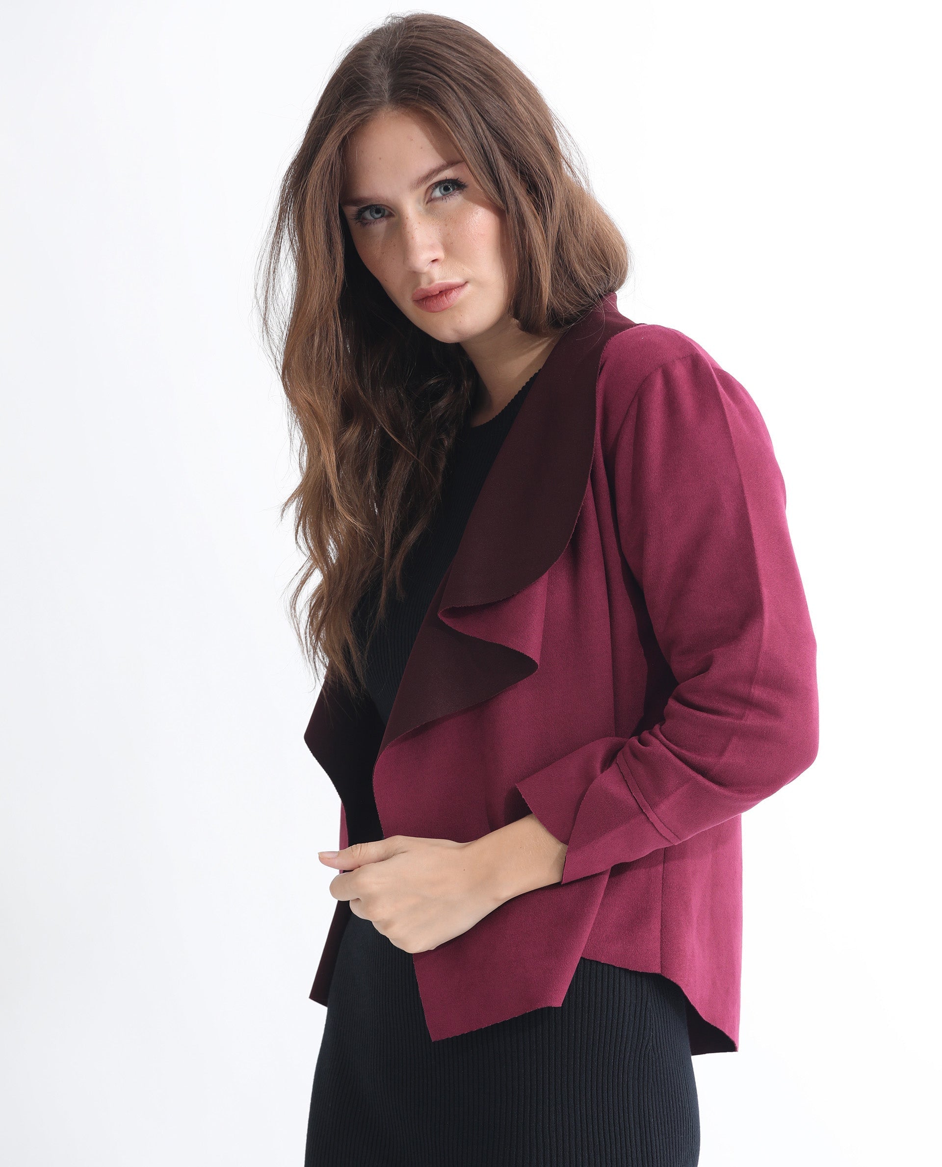 Rareism Women Cinnamon Pink Polyester Fabric Full Sleeves Cowl Neck Relaxed Fit Plain Jacket