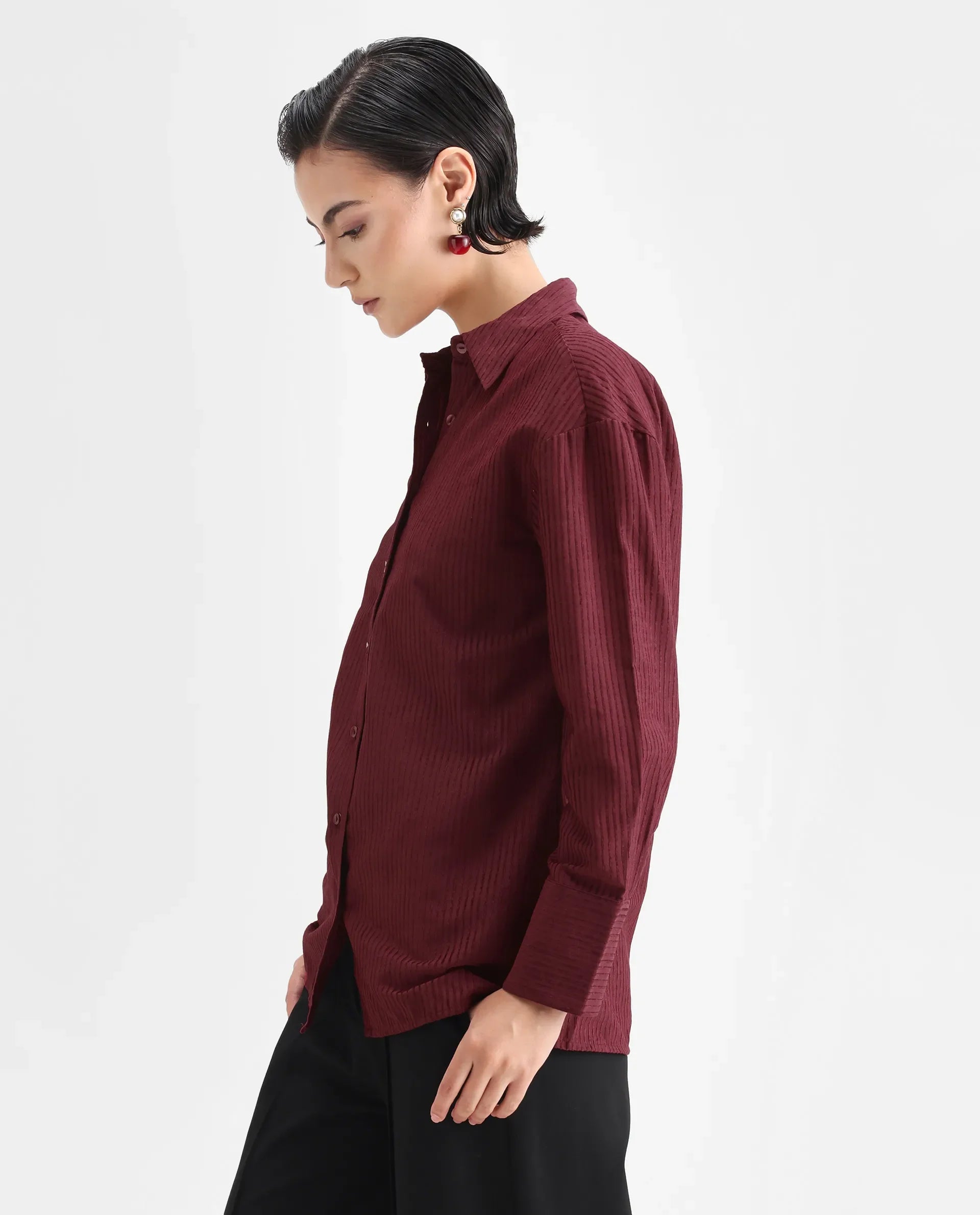 Rareism Women's Cinthia Brown Polyester Spread Collar Plain Cuffed Sleeve Regular Fit Shirt