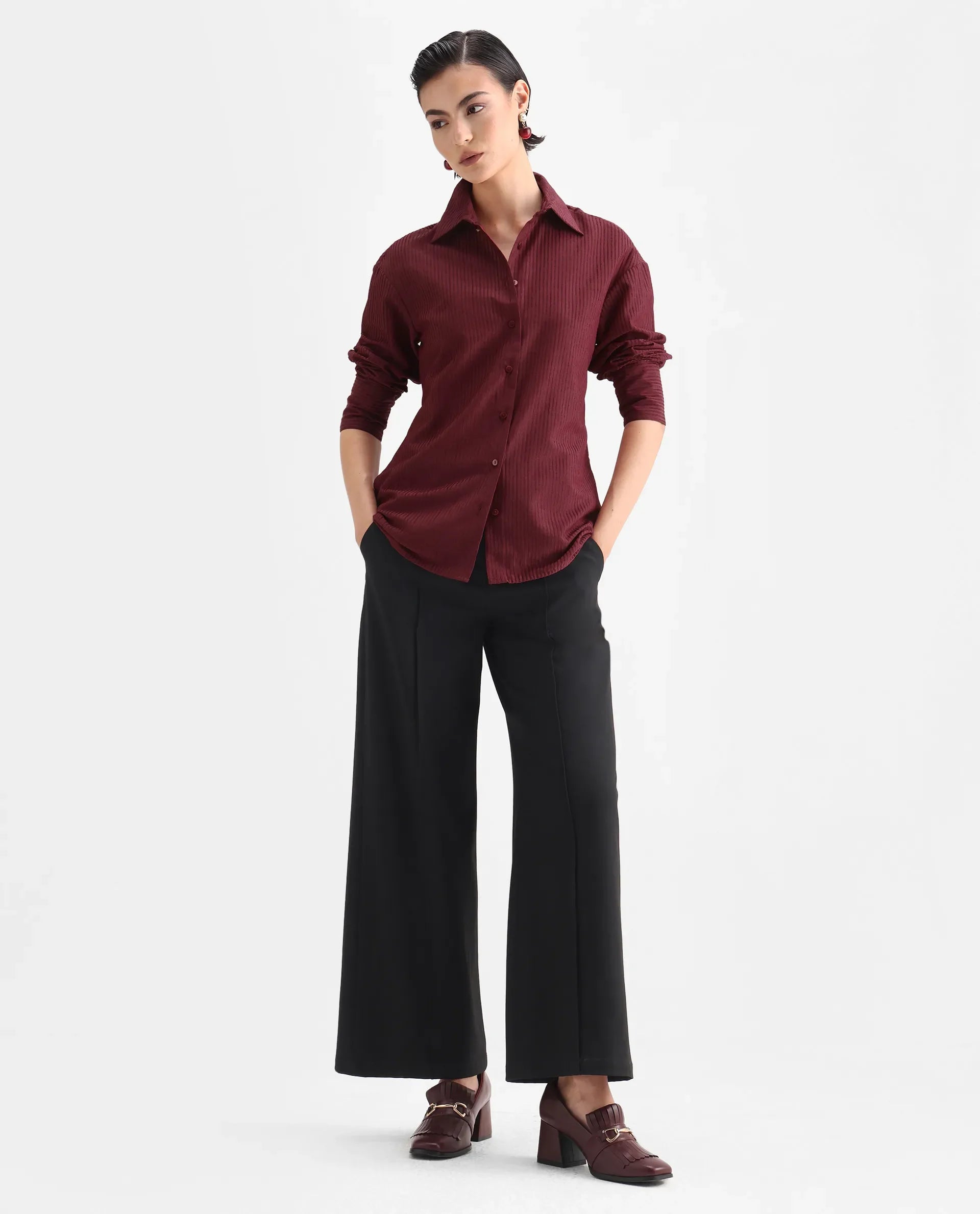 Rareism Women's Cinthia Brown Polyester Spread Collar Plain Cuffed Sleeve Regular Fit Shirt