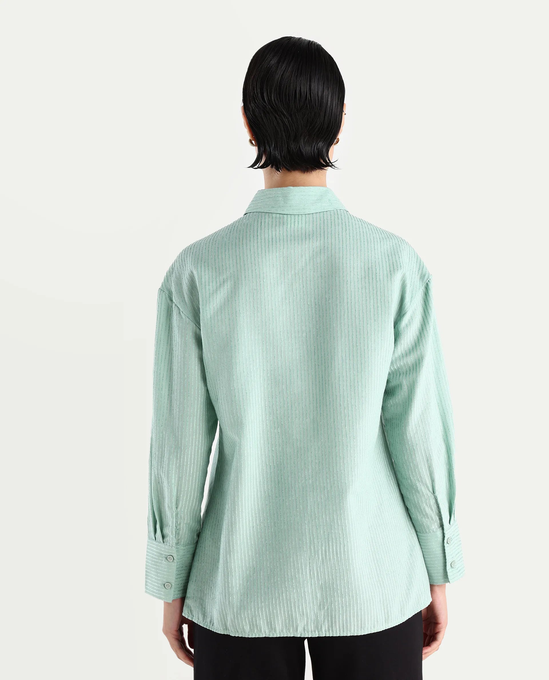 Rareism Women's Cinthia Green Polyester Spread Collar Plain Cuffed Sleeve Regular Fit Shirt