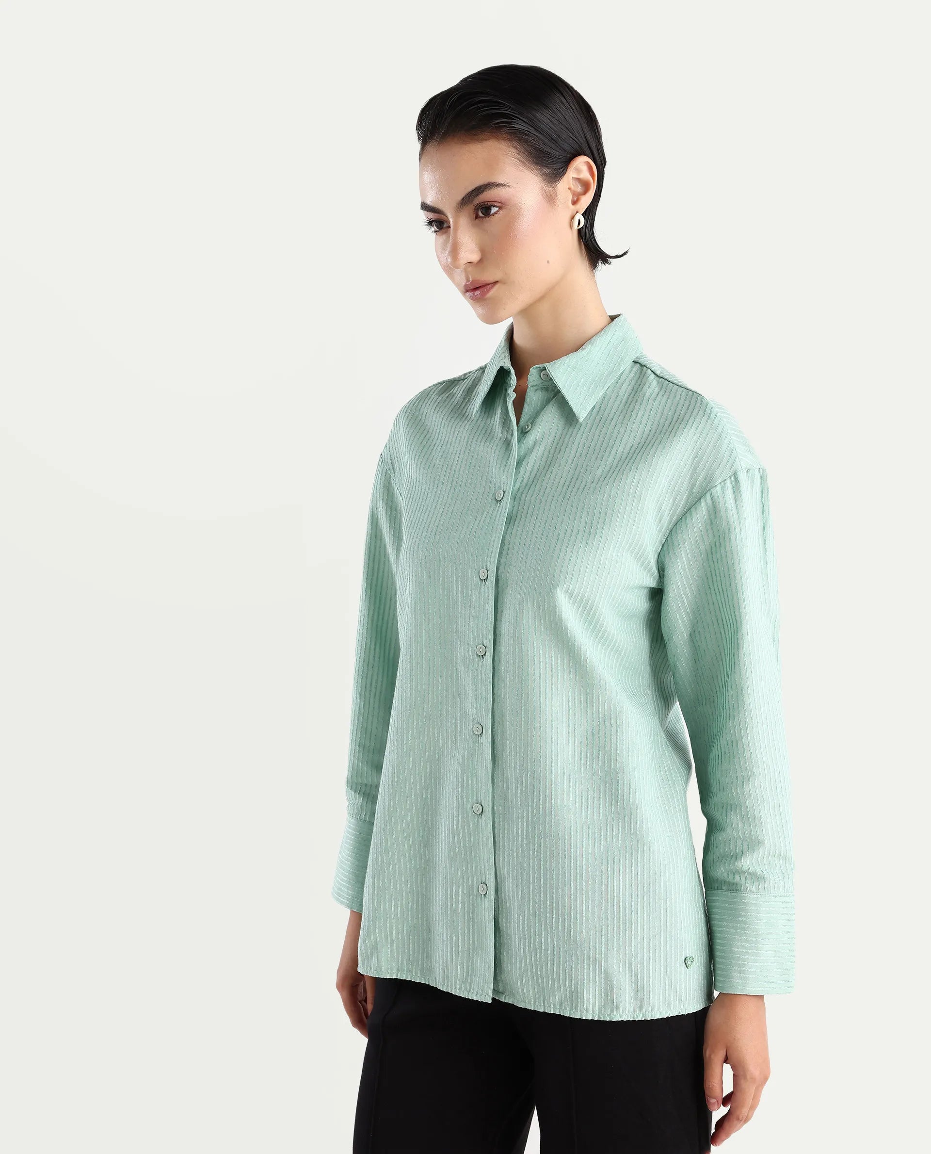 Rareism Women's Cinthia Green Polyester Spread Collar Plain Cuffed Sleeve Regular Fit Shirt