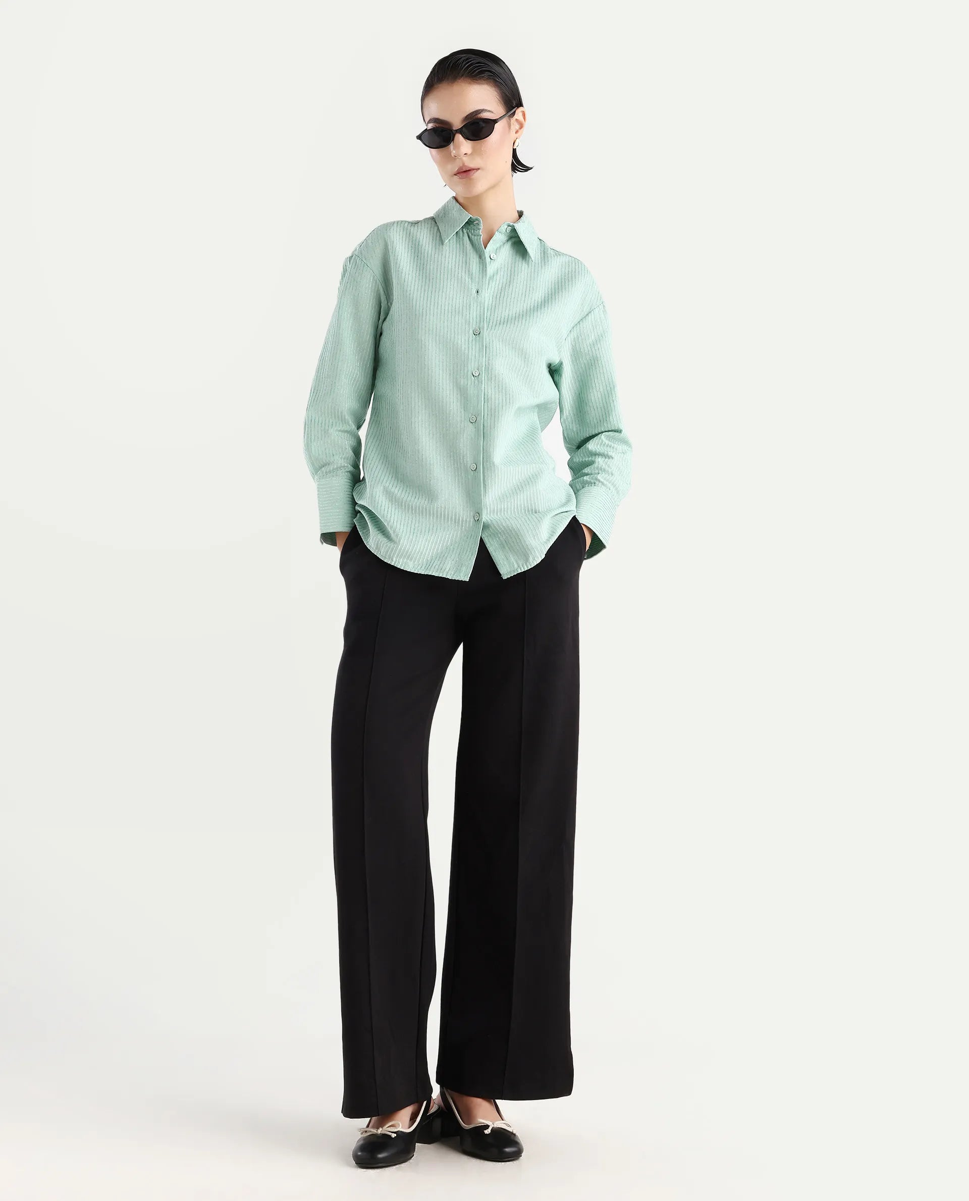 Rareism Women's Cinthia Green Polyester Spread Collar Plain Cuffed Sleeve Regular Fit Shirt