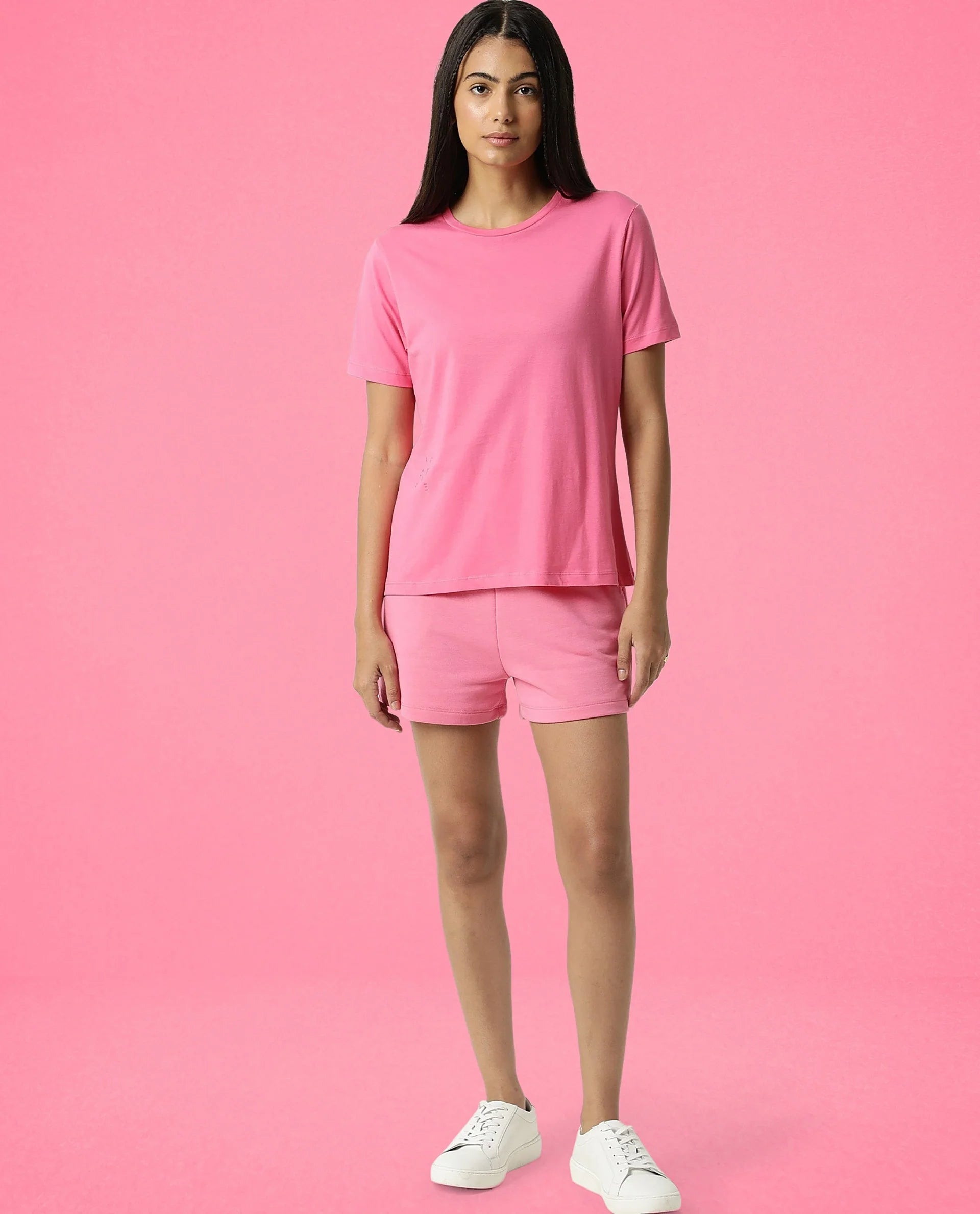 Rareism Women Ciri Flouroscent Pink Cotton Poly Fabric Relaxed Fit Solid Mid Rise Shorts
