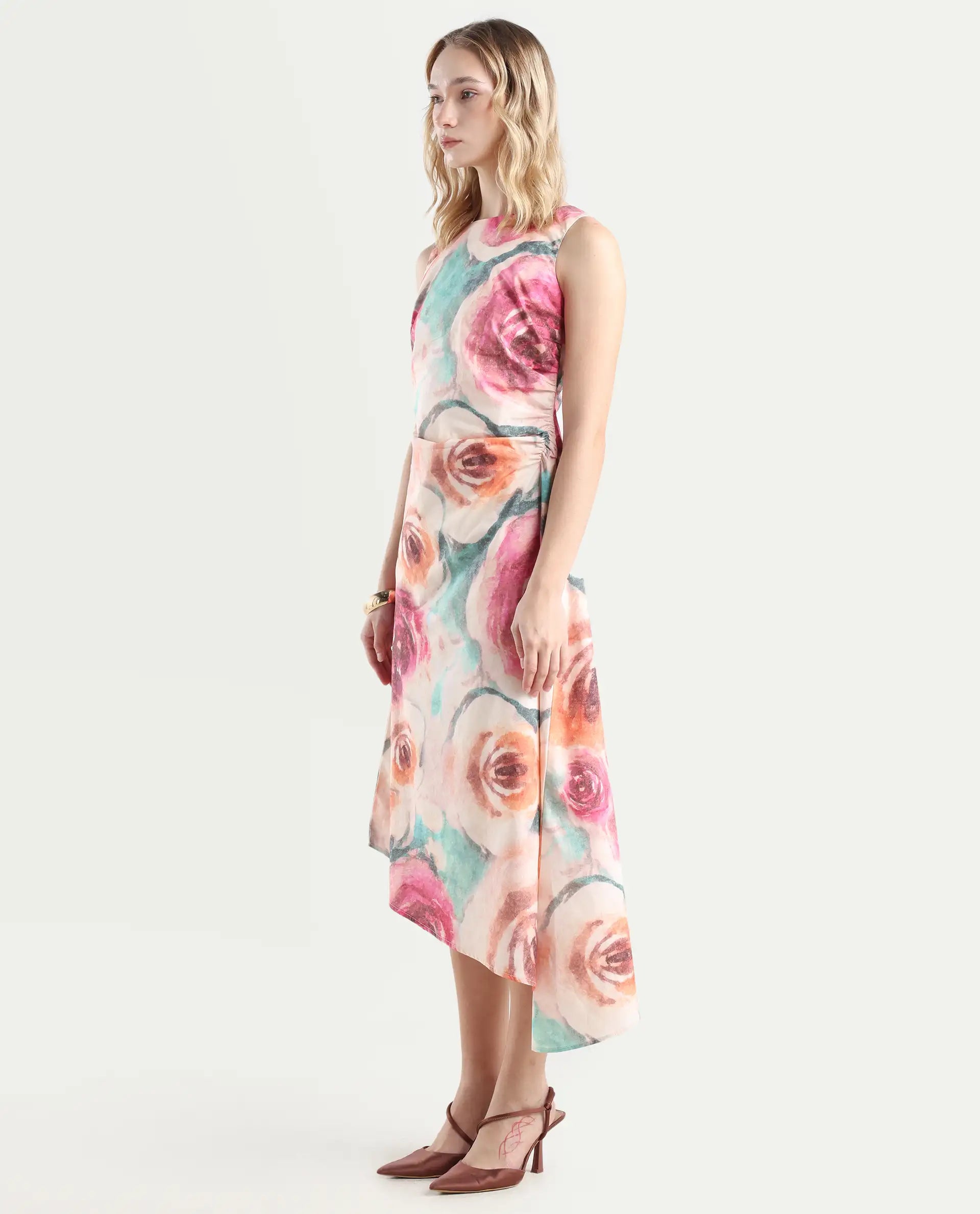 Rareism Women's Cirina Multi Boat Neck A-Line Printed Midi Dress