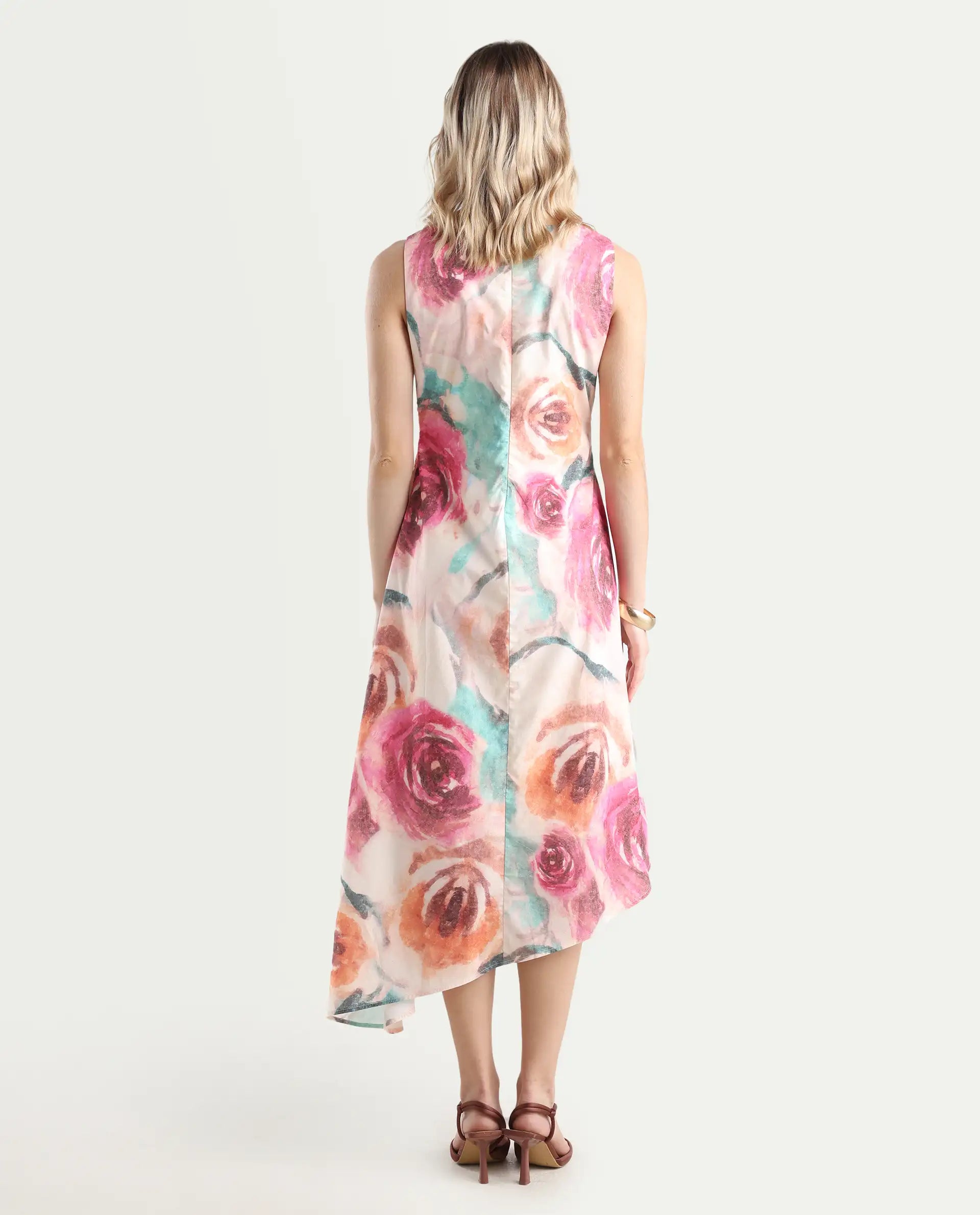 Rareism Women's Cirina Multi Boat Neck A-Line Printed Midi Dress