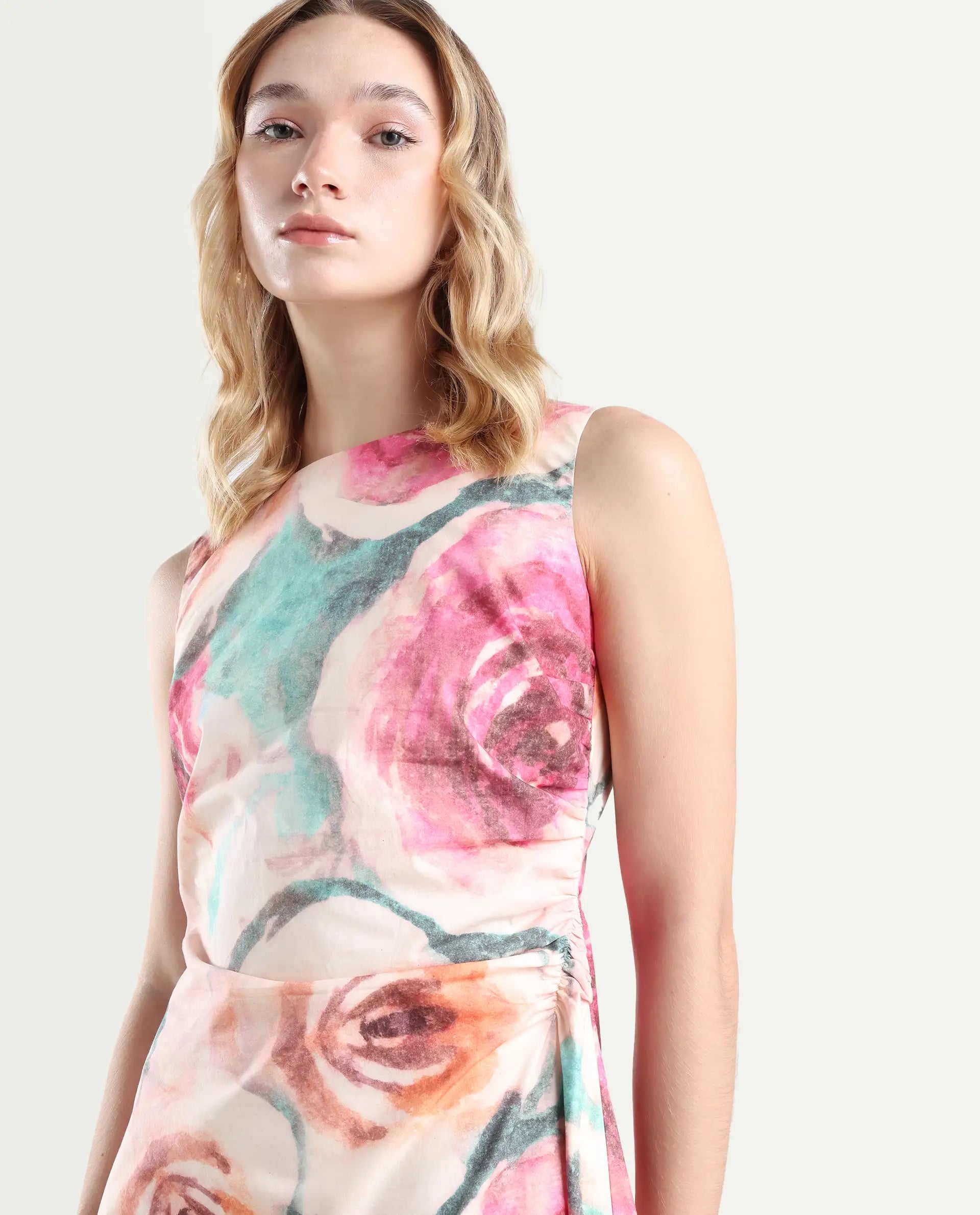 Rareism Women's Cirina Multi Boat Neck A-Line Printed Midi Dress