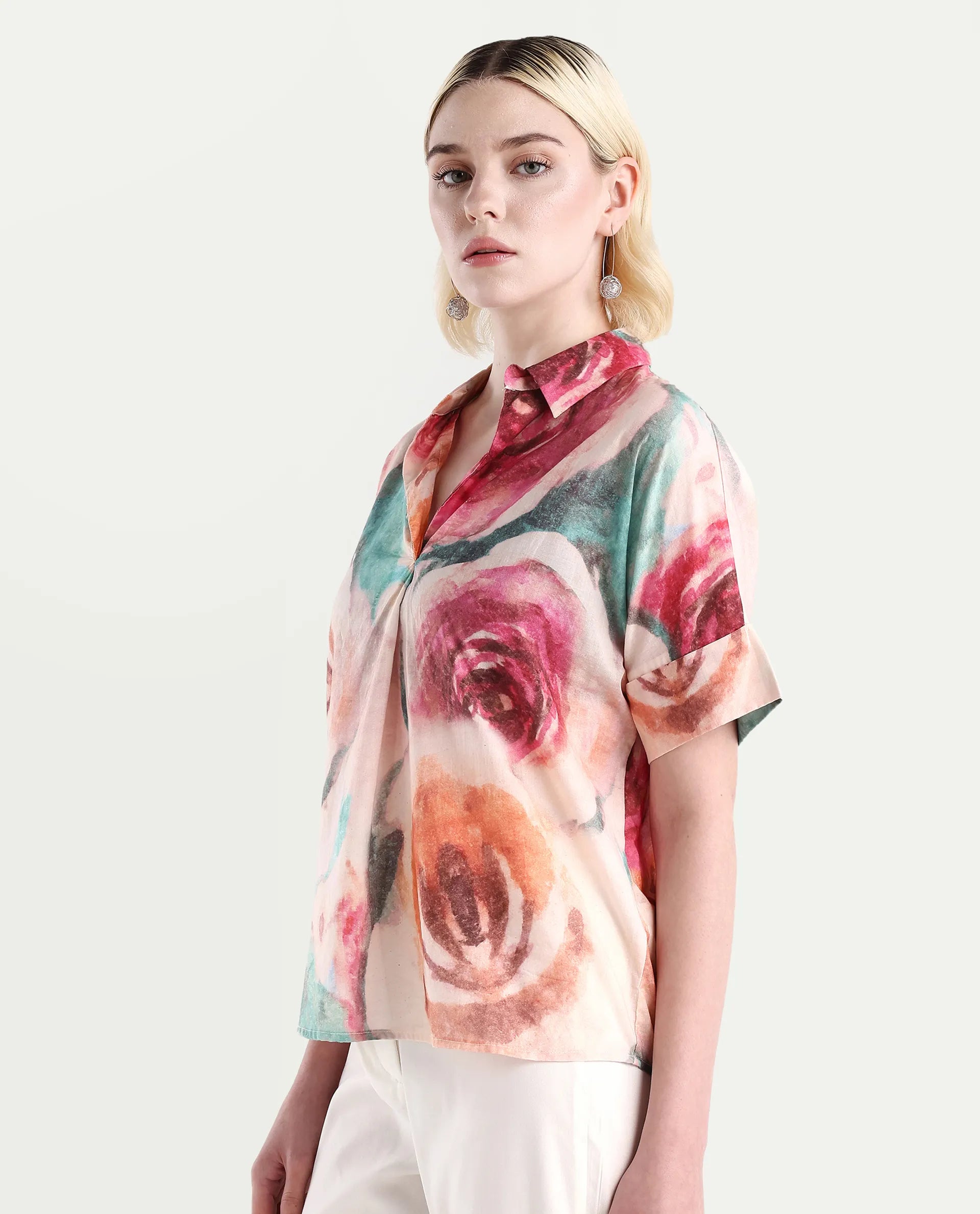 Rareism Women's Cirio Multi Johnny Collar Printed Boxy Fit Top