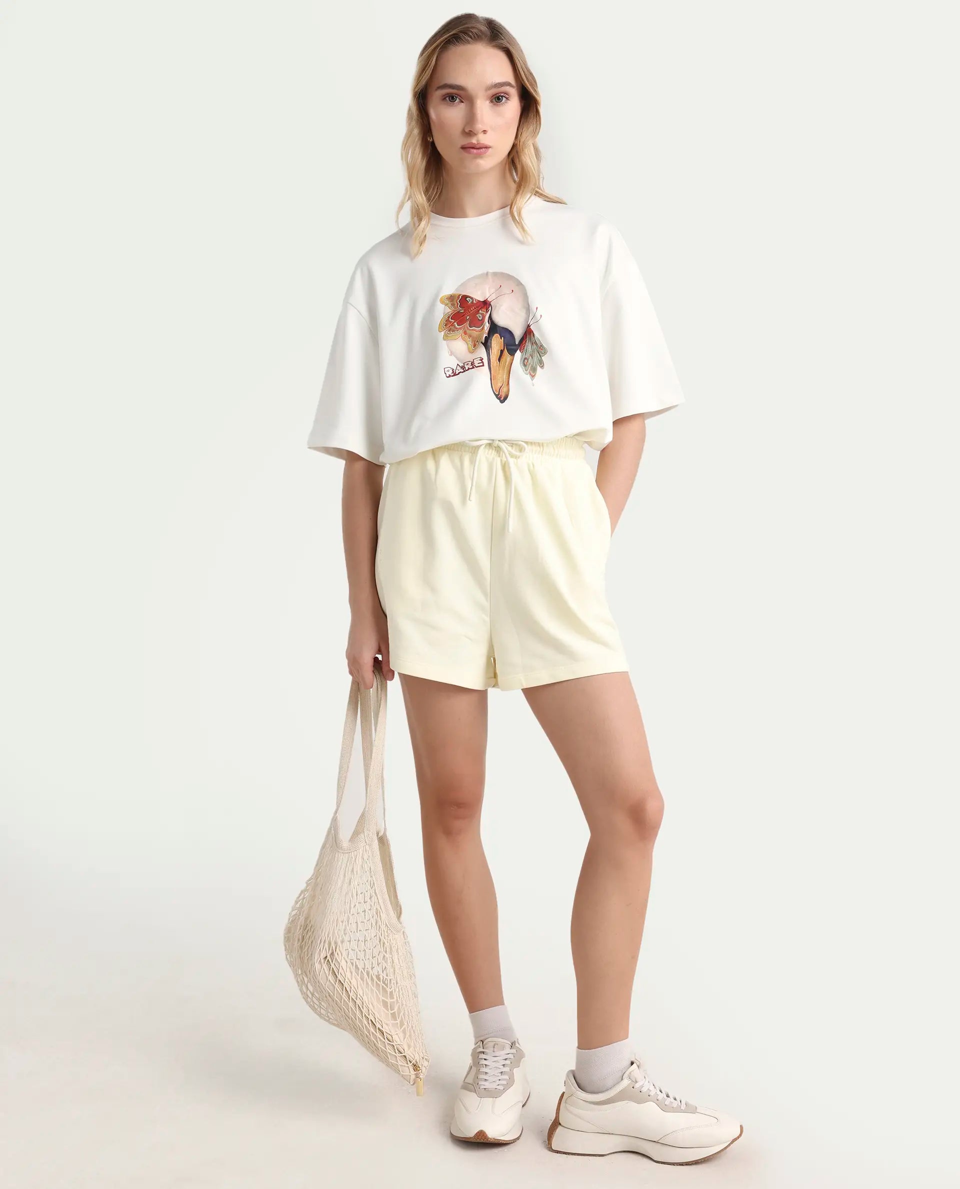Rareism Women's Medium Weight Terry 290 Gsm Cotton Blend Plain Mini Relaxed Fit Shorts