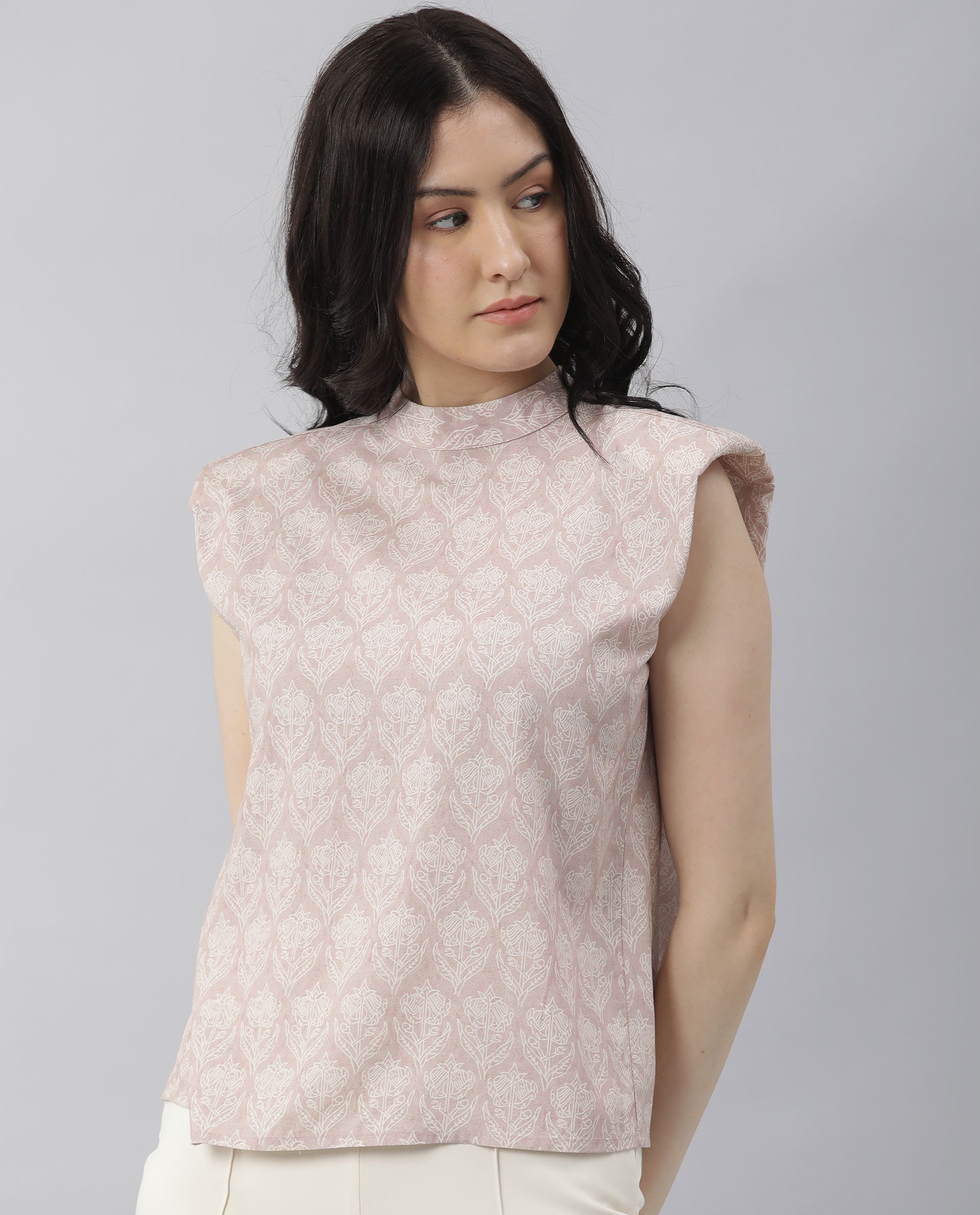 Rareism Womens Classic Pink Floral Printed Top Sleeveless Round Neck