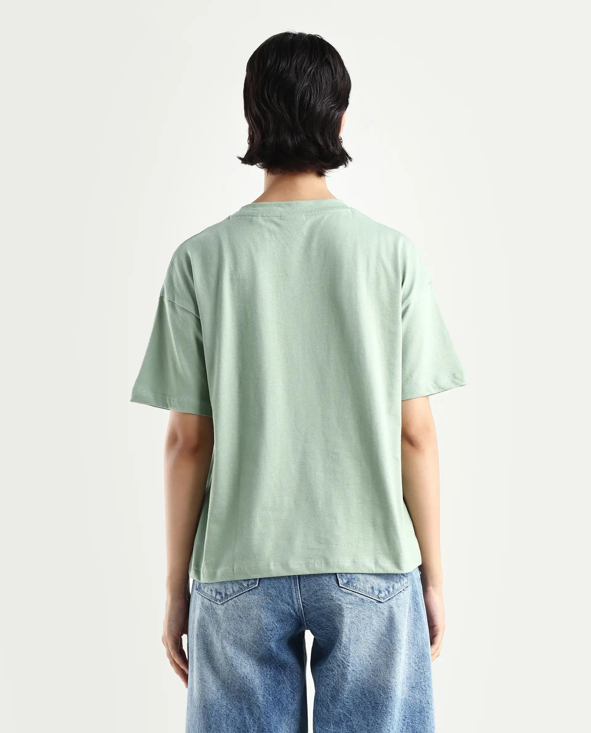 Rareism Women's Clea-R Dusky Green Knit Crew Neck Plain T-Shirt