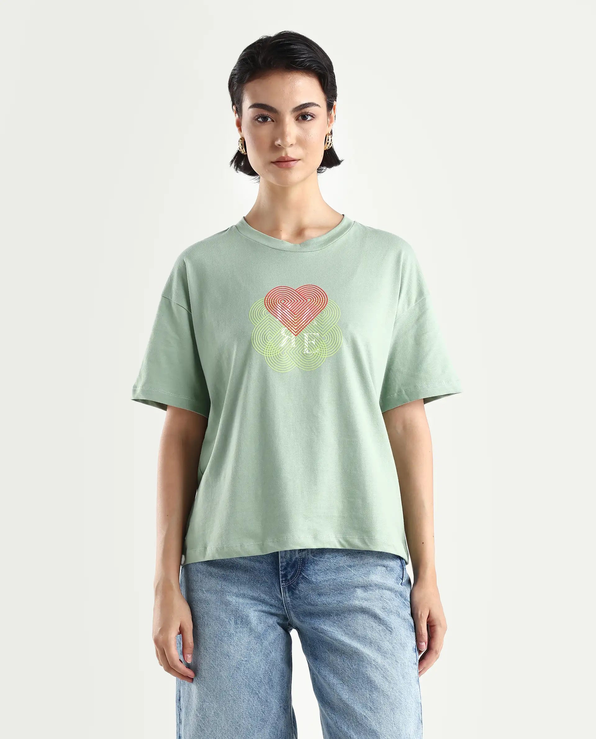 Rareism Women's Clea-R Dusky Green Knit Crew Neck Plain T-Shirt