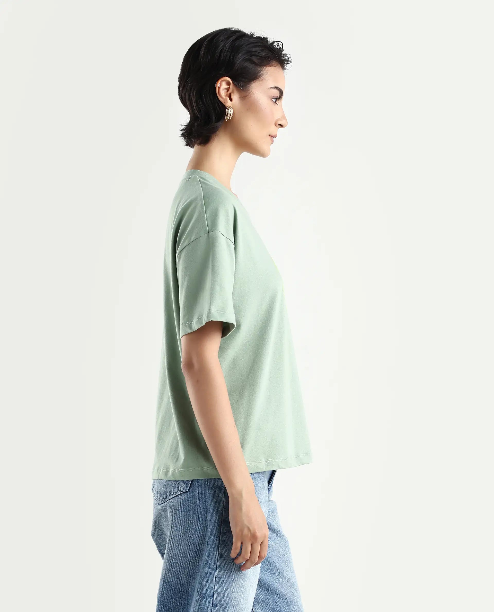 Rareism Women's Clea-R Dusky Green Knit Crew Neck Plain T-Shirt