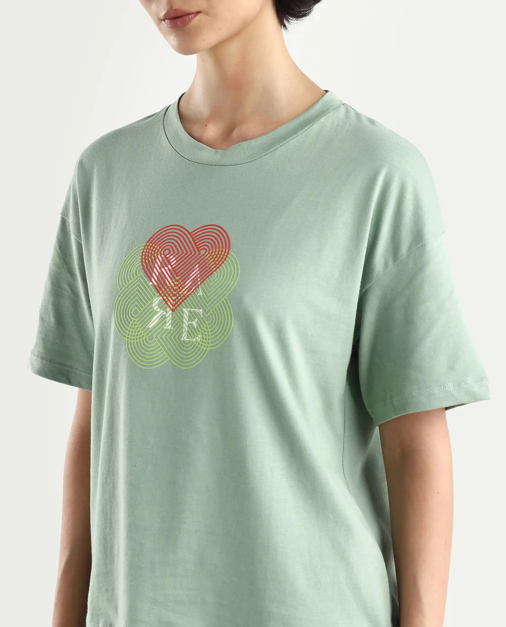 Rareism Women's Clea-R Dusky Green Knit Crew Neck Plain T-Shirt